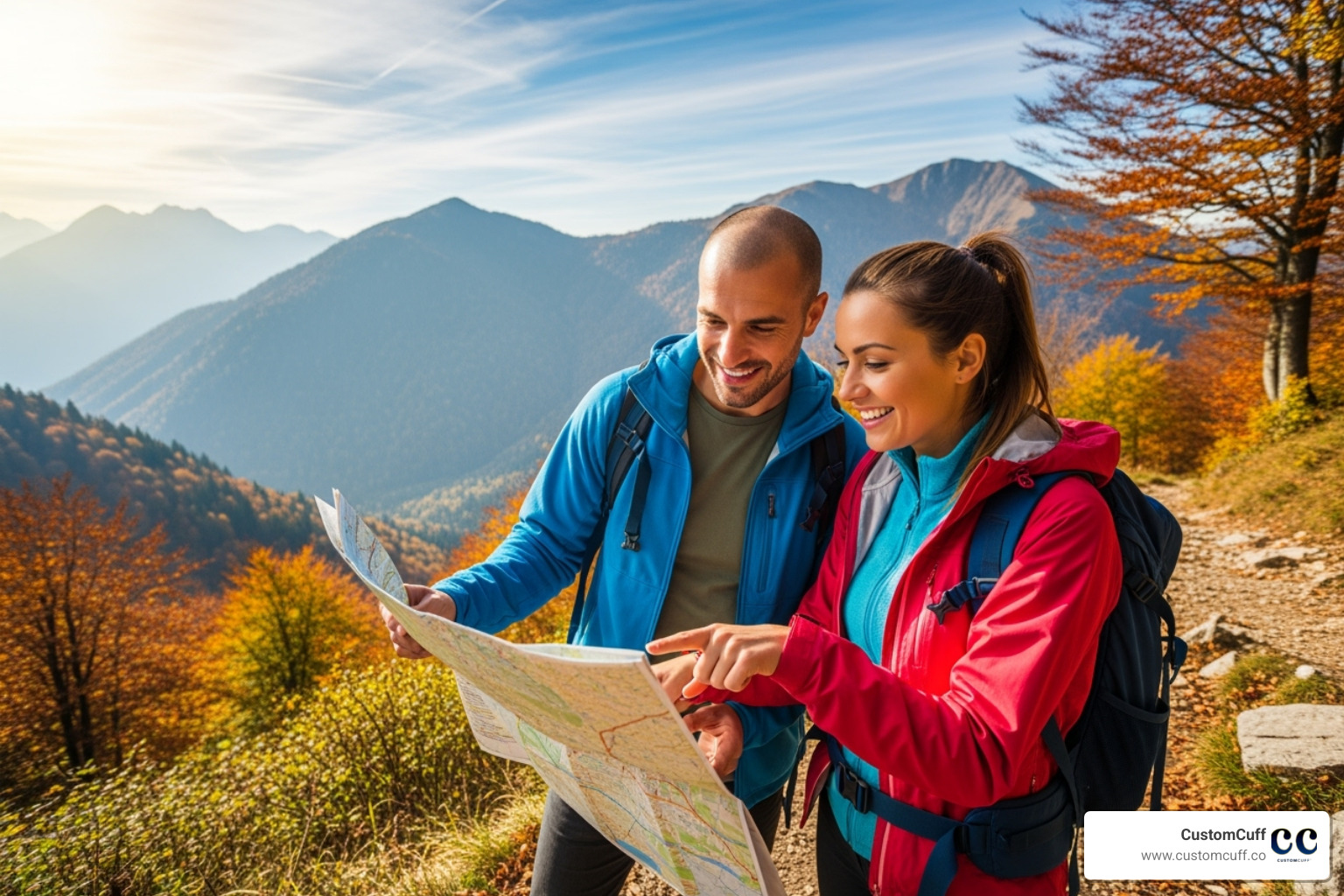A couple on a scenic hike, looking at a map. - special gift for wedding couple