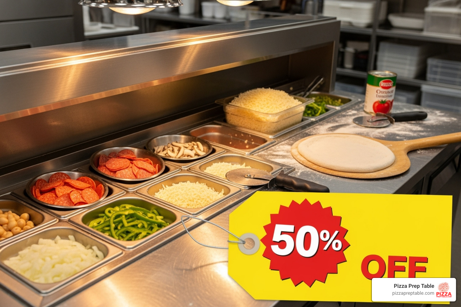 price tag with a large discount symbol next to a pizza prep table - used pizza prep table price tag with a large discount symbol next to a pizza prep table - used pizza prep table