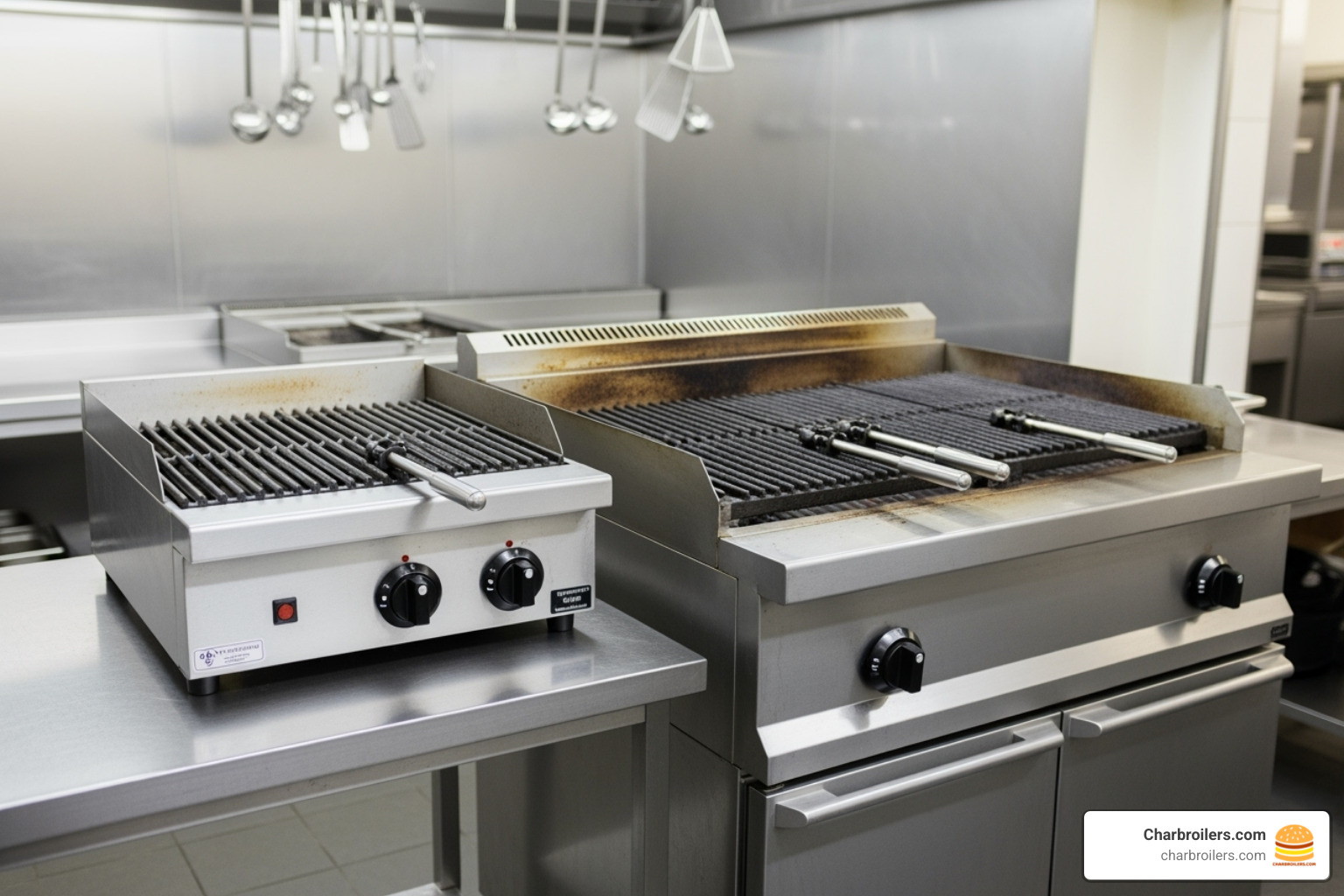 countertop charbroiler on a prep table vs a standalone floor model - commercial charbroiler