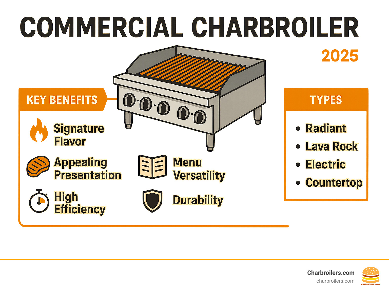 Infographic detailing the key benefits and types of commercial charbroilers for foodservice establishments - commercial charbroiler infographic 