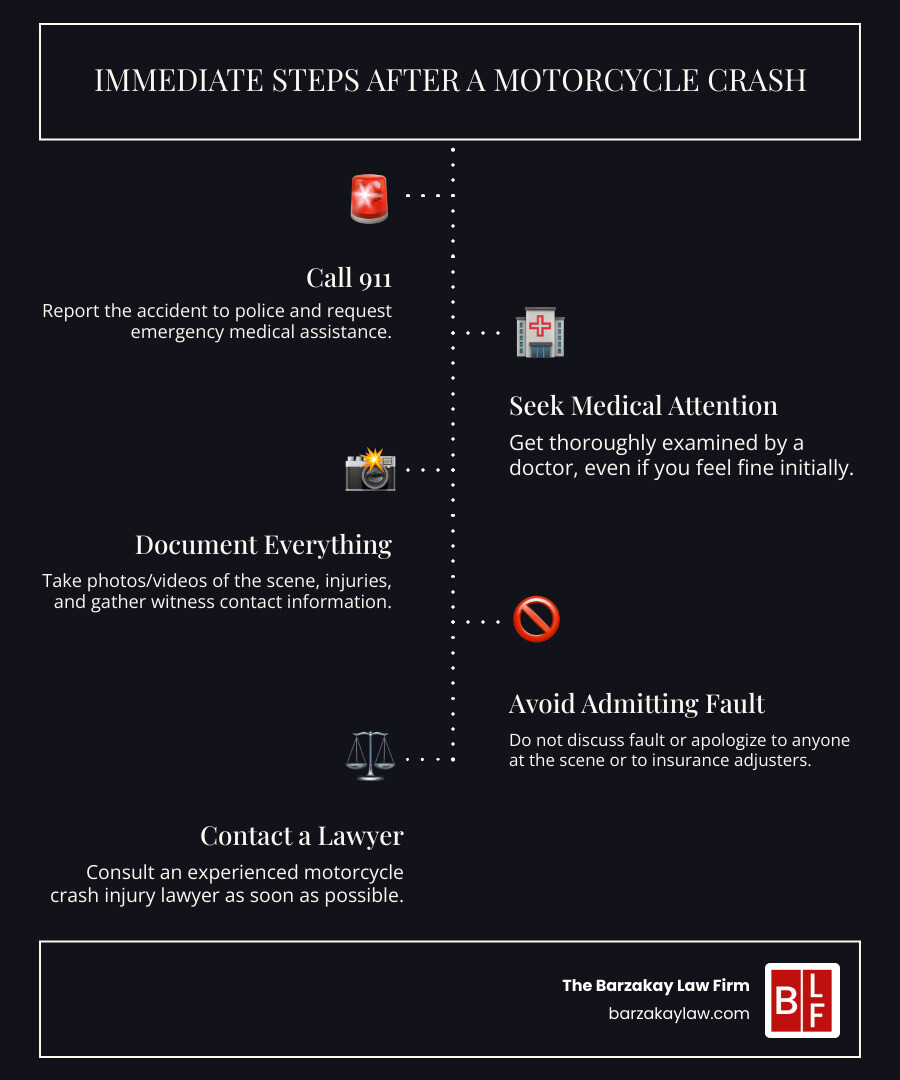 Infographic explaining immediate steps after a motorcycle crash - motorcycle crash injury lawyer infographic infographic-line-5-steps-dark