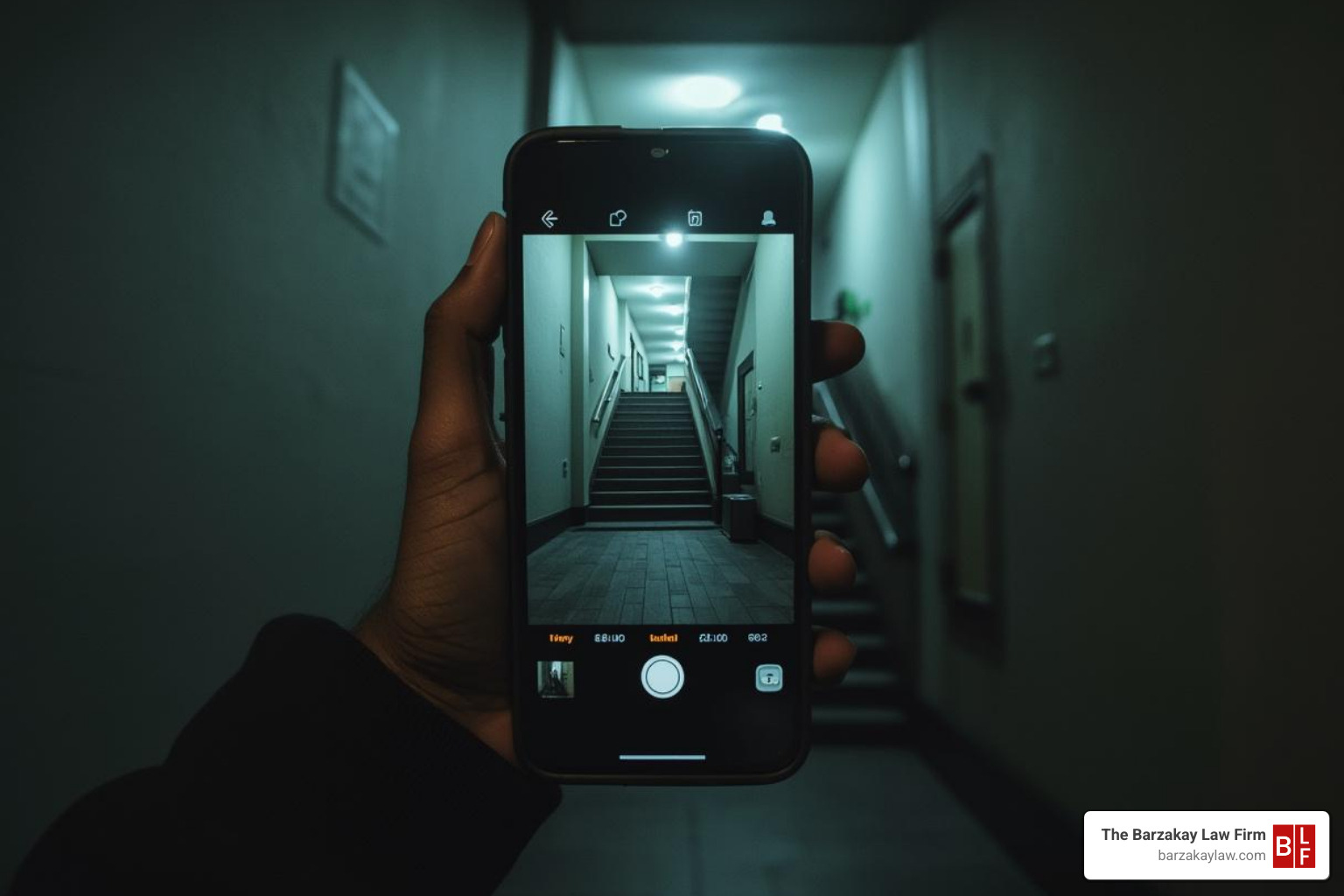 person using their phone to photograph a poorly lit stairwell - apartment negligent security lawyer