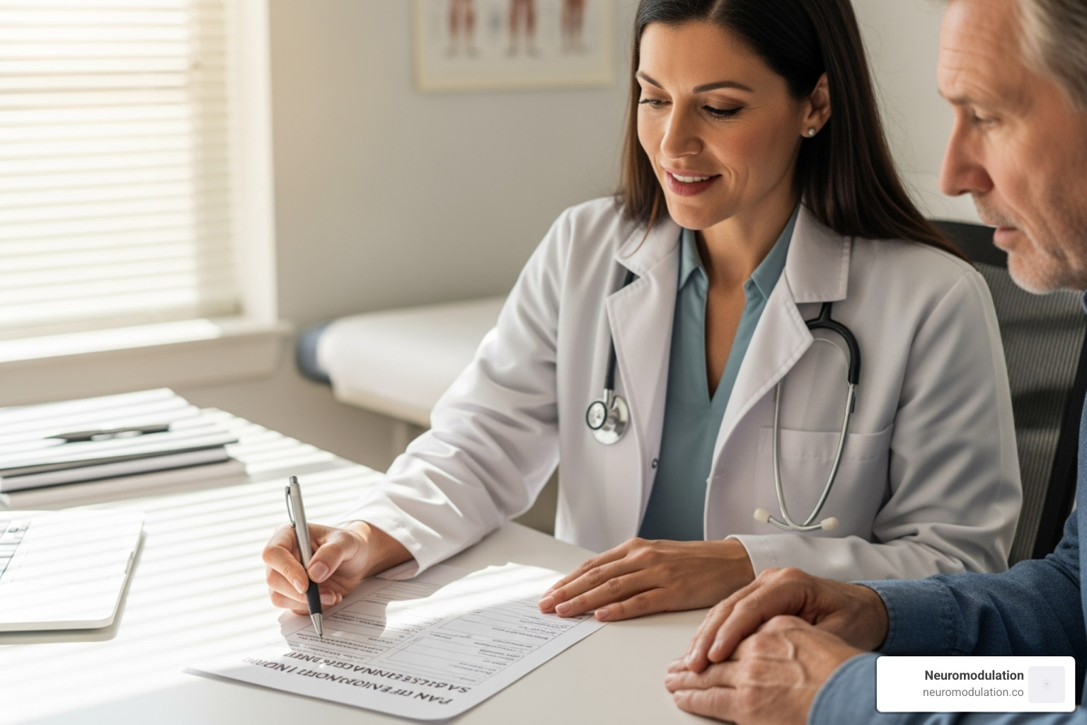 Image of a doctor and patient collaboratively reviewing a pain and function assessment form - chronic pain management algorithm Image of a doctor and patient collaboratively reviewing a pain and function assessment form - chronic pain management algorithm