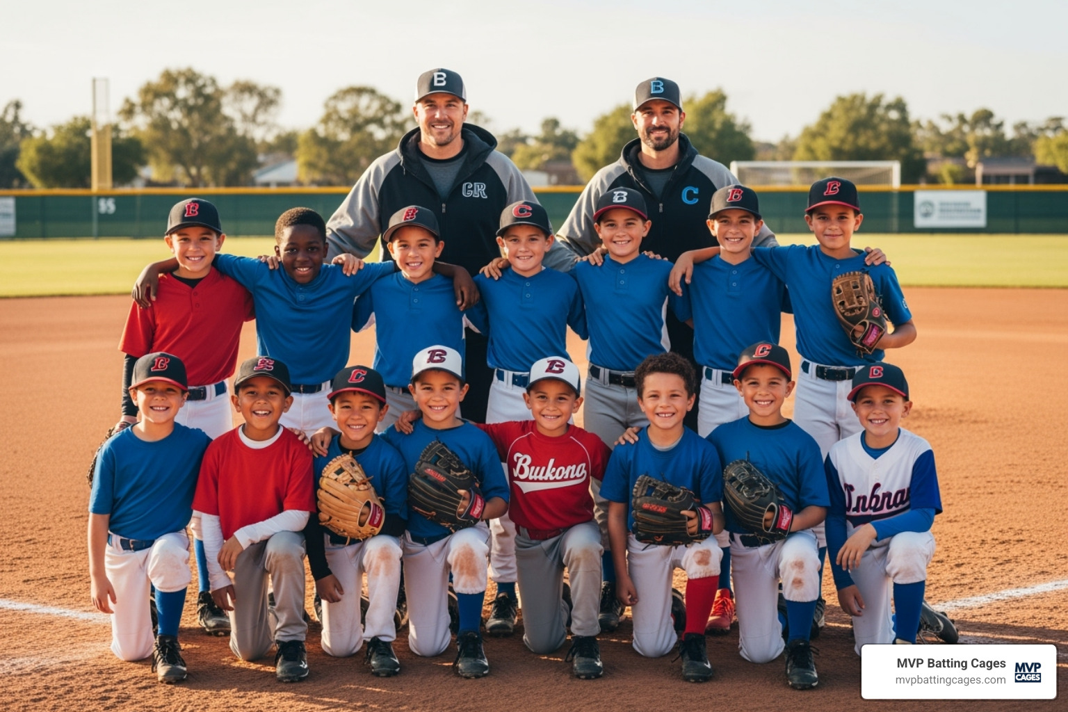 diverse group of young players smiling with their coaches - summer baseball training programs
