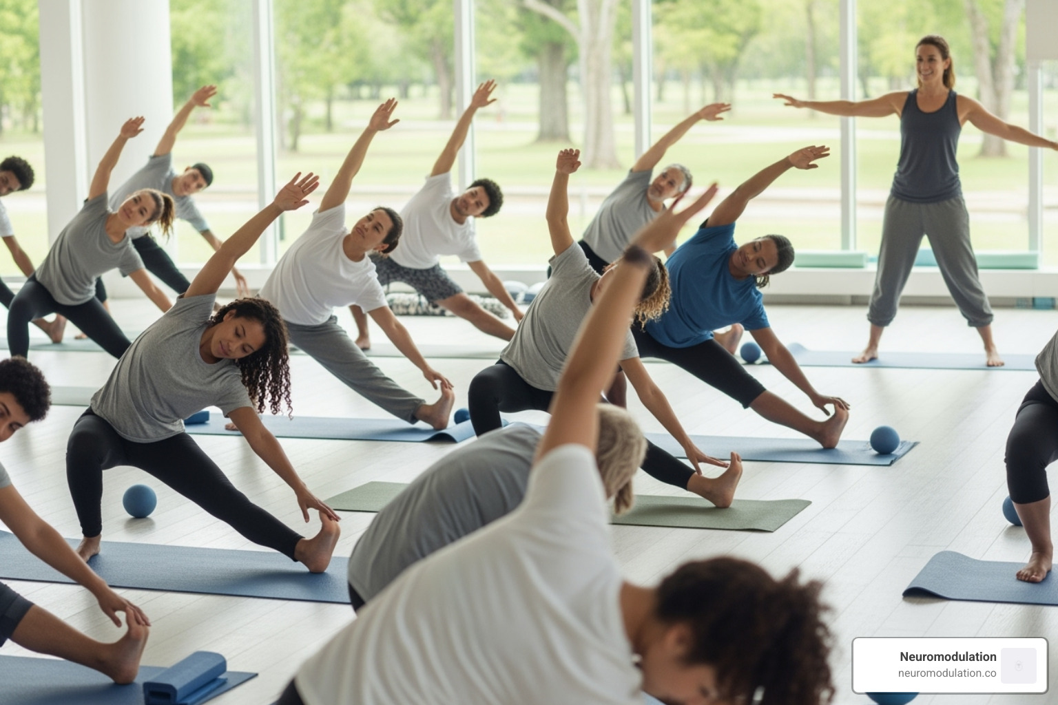 Image of a diverse group of people participating in a gentle exercise class - chronic pain management algorithm Image of a diverse group of people participating in a gentle exercise class - chronic pain management algorithm