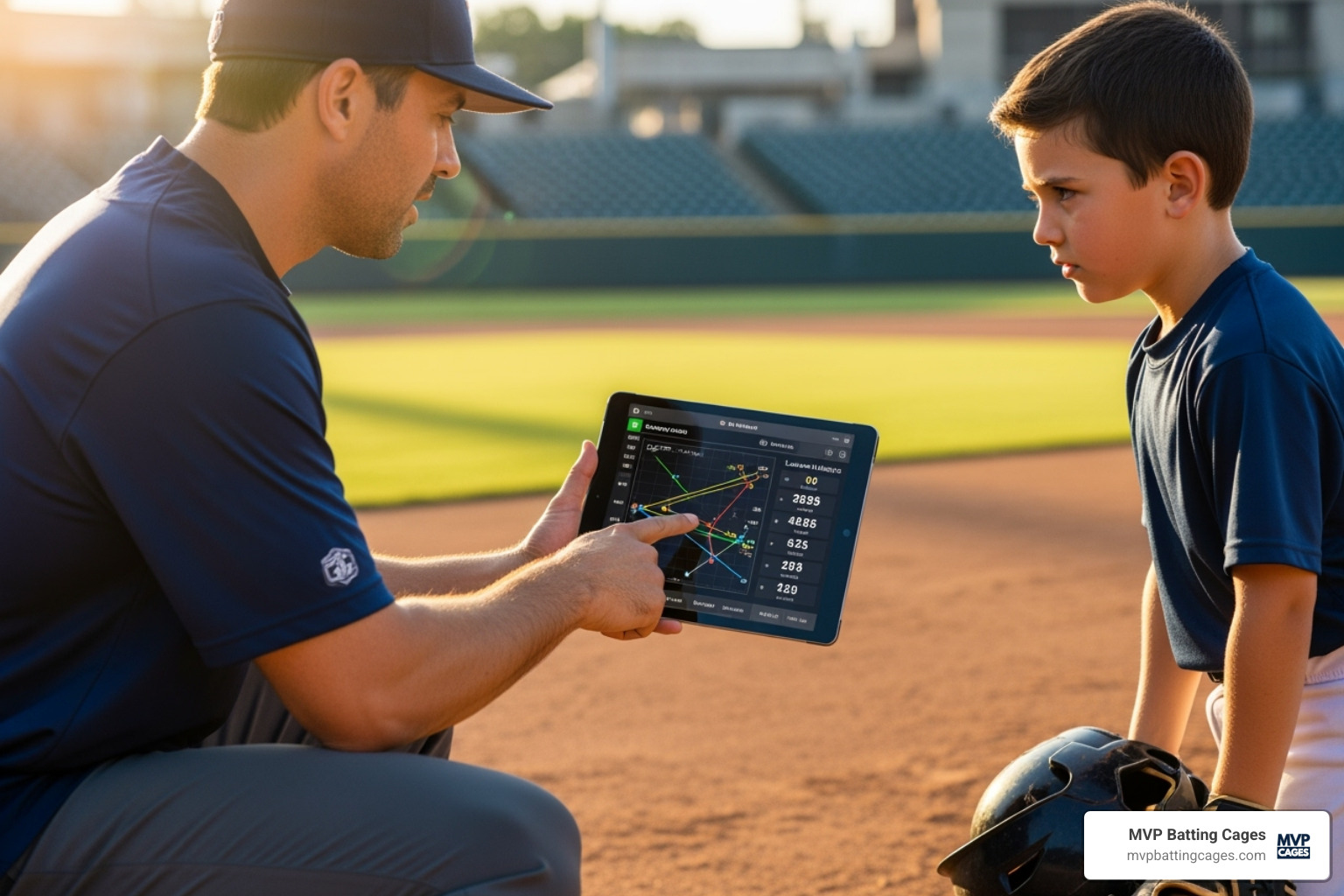coach using a tablet to show a player their swing analysis - summer baseball training programs