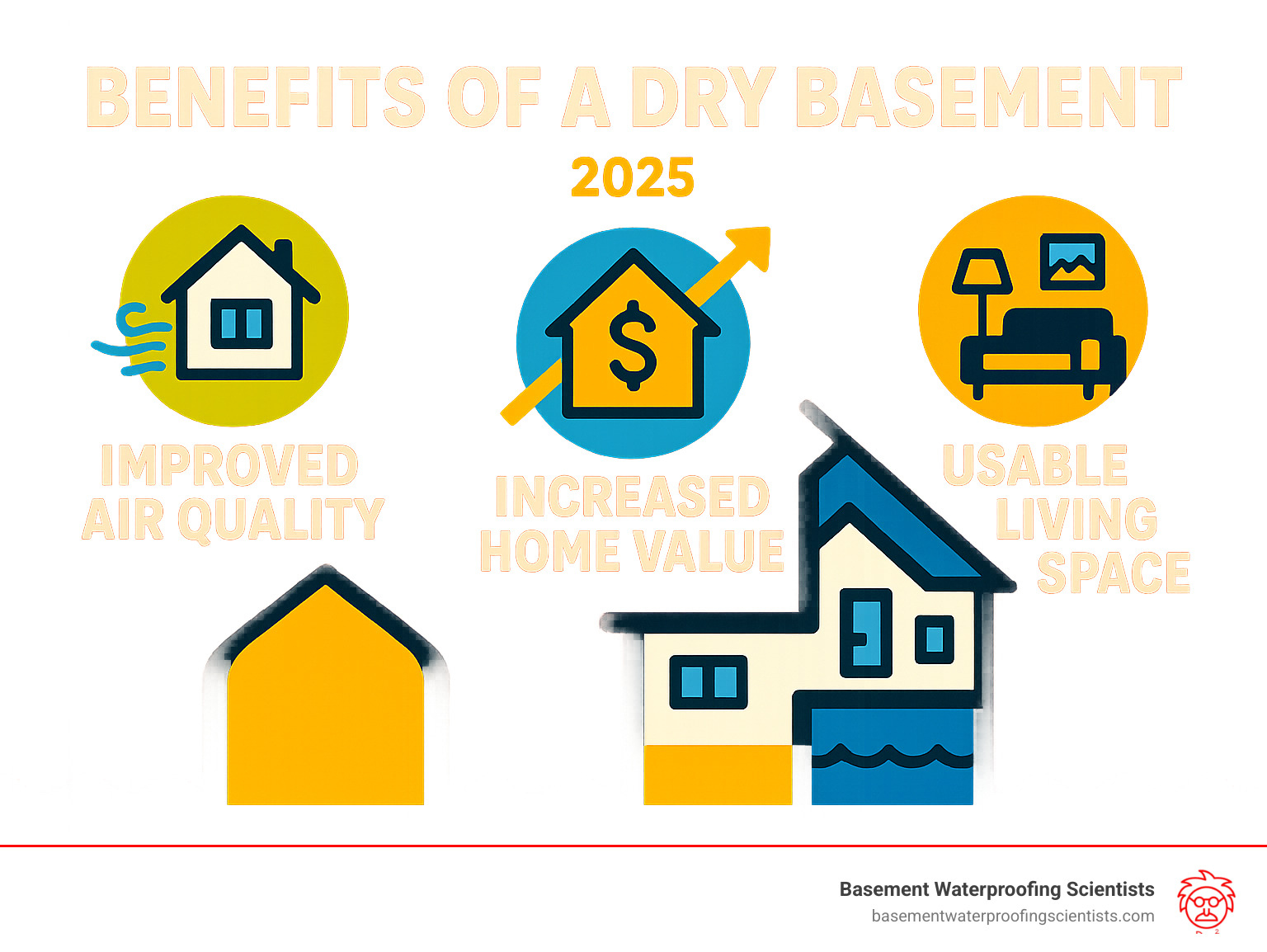 Infographic explaining the benefits of a dry basement, such as improved air quality, increased home value, and usable living space. - Basement waterproofing free estimate infographic 