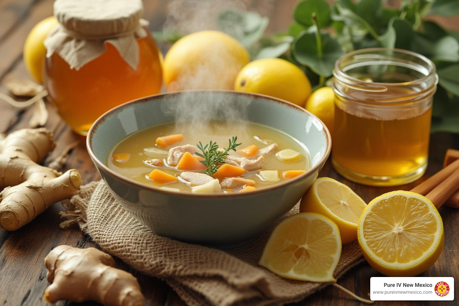 various home remedies laid out, such as a jar of honey, a lemon, ginger root, and a bowl of chicken soup - cold relief at home