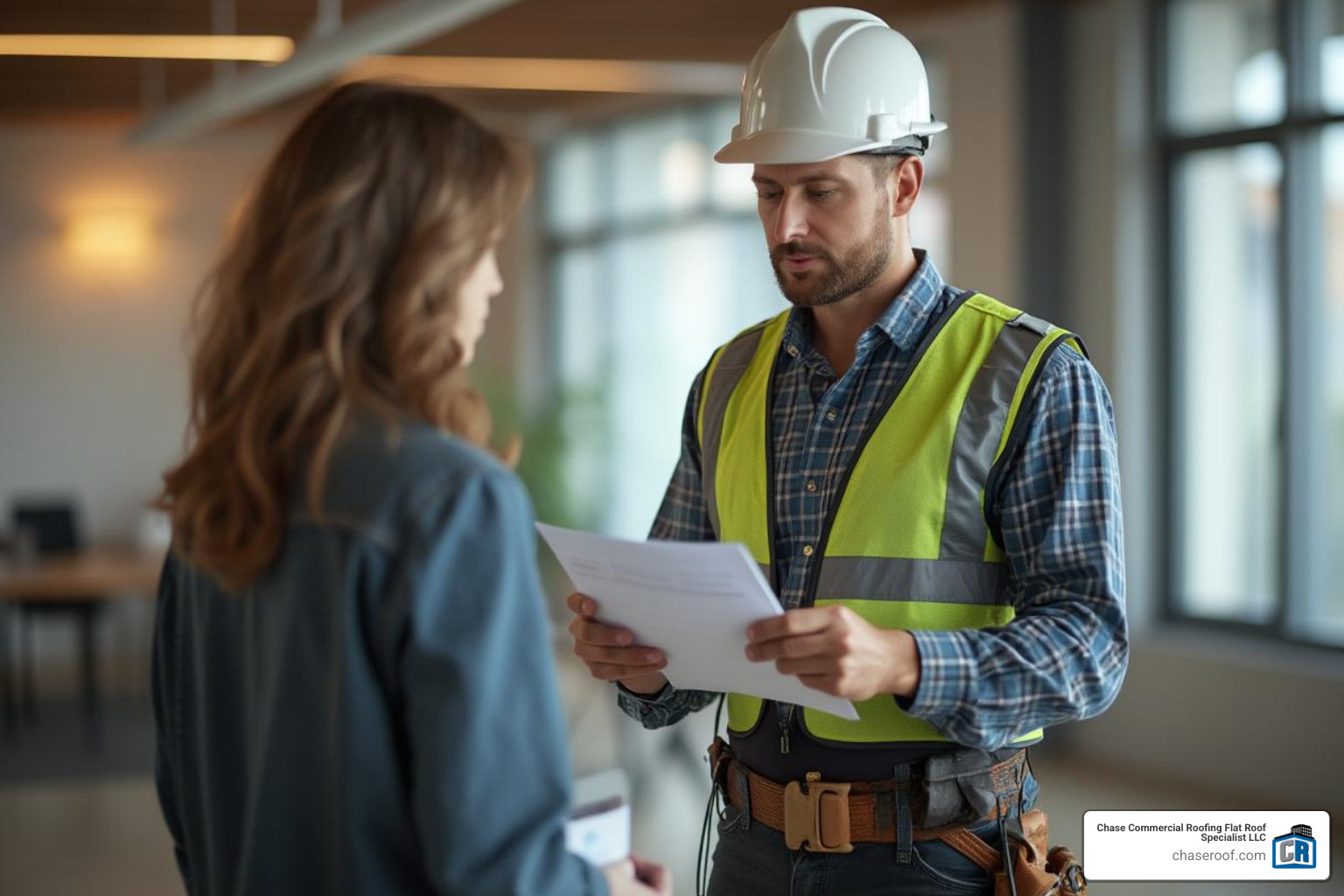professional roofer providing a detailed estimate to a property manager - flat roof replacement Hackensack