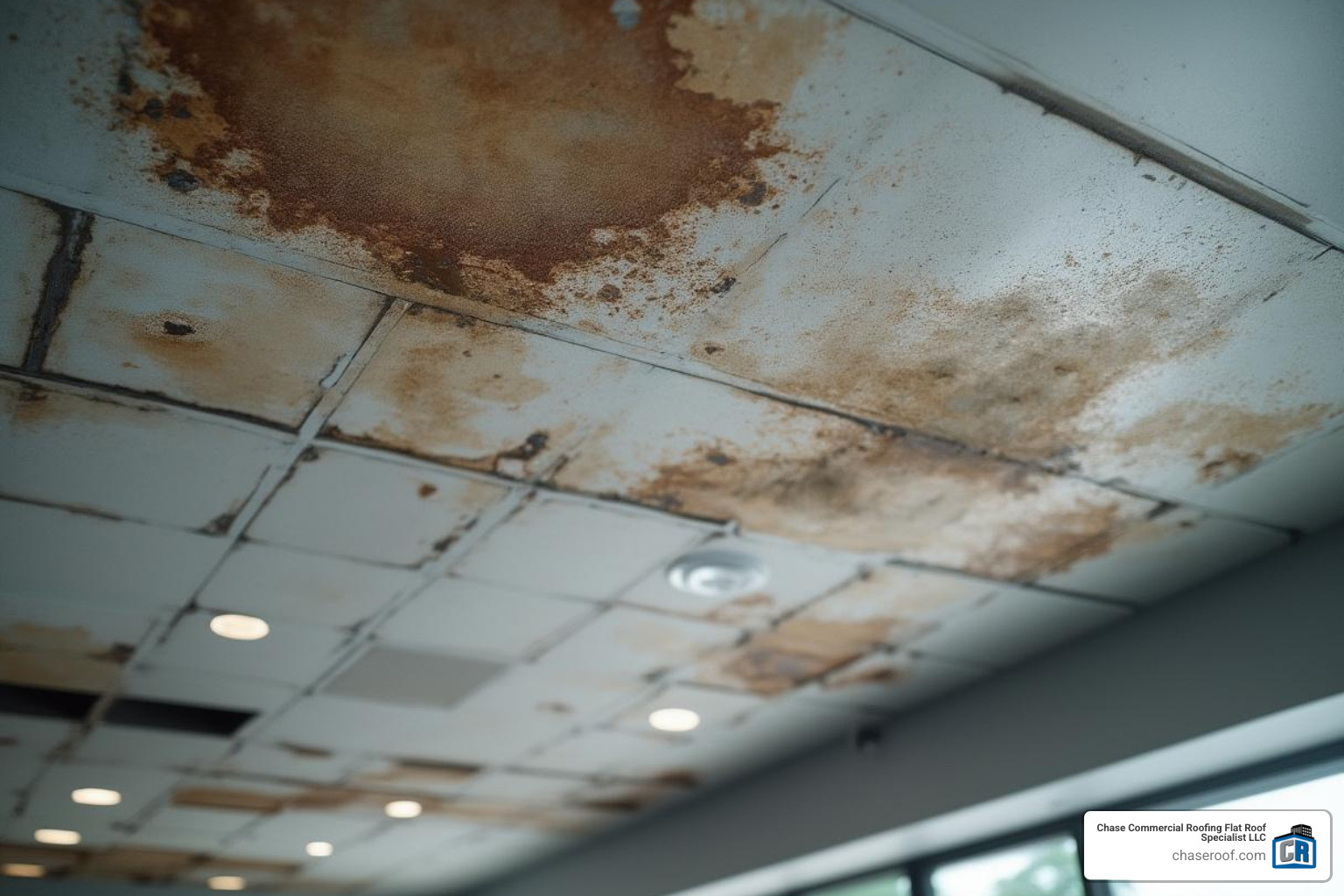 water stains on a commercial ceiling below a leaky flat roof - flat roof replacement Hackensack