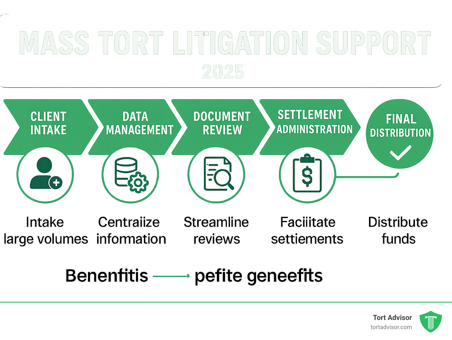 Infographic showing the stages of mass tort litigation support from client intake, data management, document review, and settlement administration to final distribution, highlighting key benefits at each stage. - mass tort litigation support infographic 