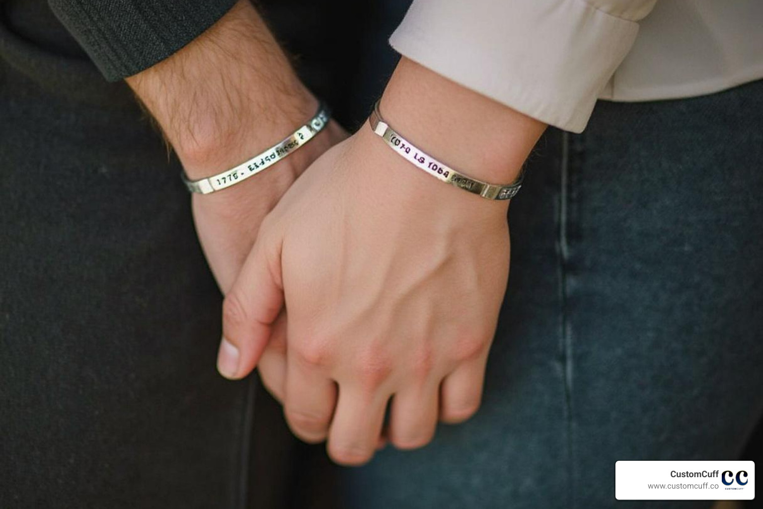 A couple holding hands, showing off their custom coordinates bracelets. - special gift for wedding couple
