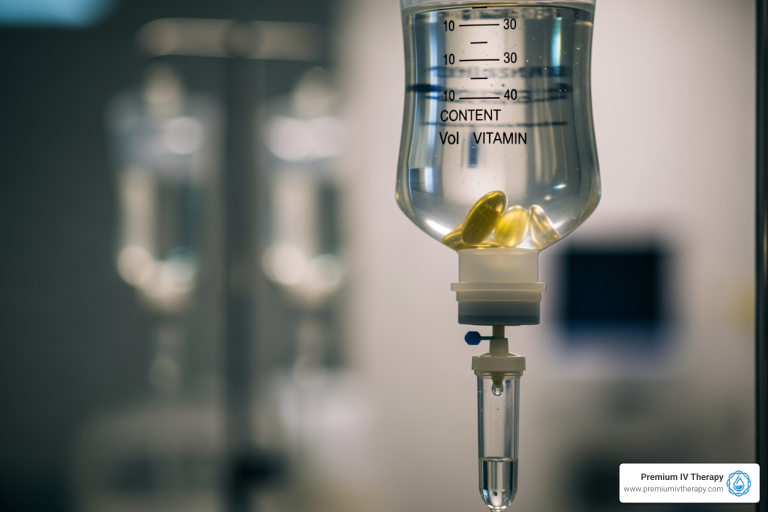 close-up on an IV drip bag with clearly visible fluids and vitamins - dehydration iv fluid therapy phoenix
