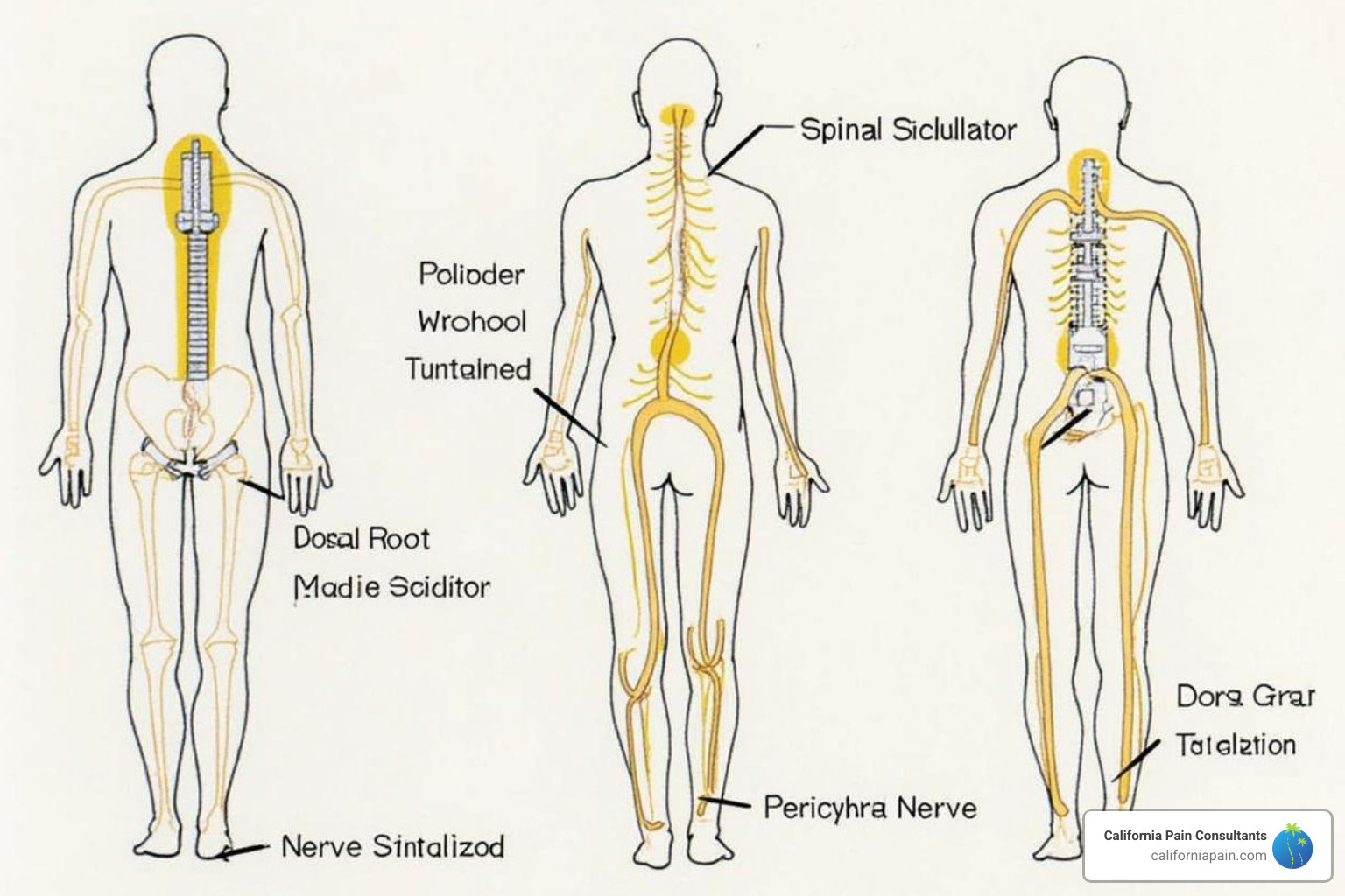 Illustration of different forms of neuromodulation technology, including spinal cord stimulators, dorsal root ganglion stimulators, and peripheral nerve nerve stimulators - innovative chronic pain treatment
