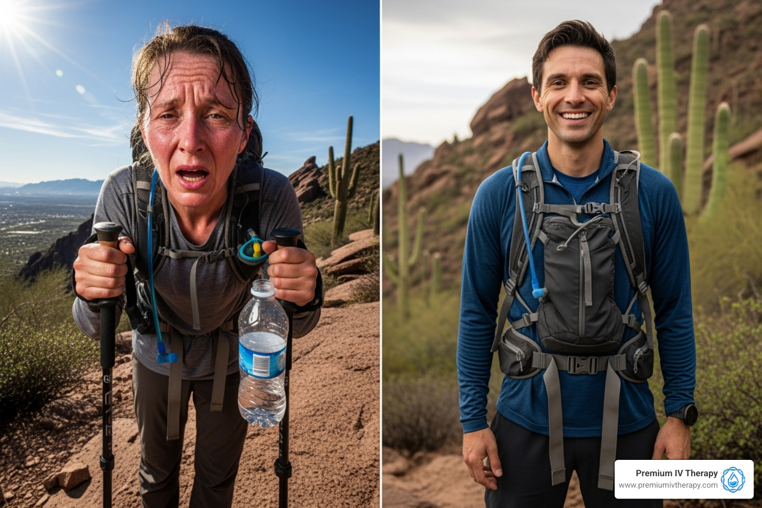 person hiking Camelback Mountain looking tired, contrasted with feeling refreshed - dehydration iv fluid therapy phoenix