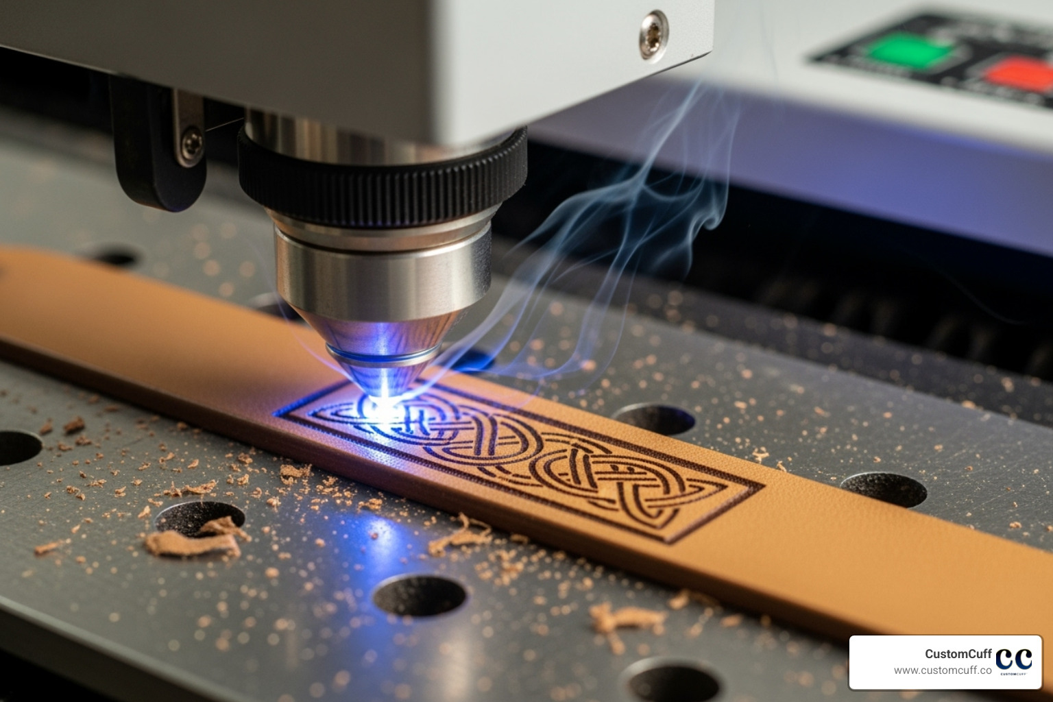 Close-up shot of a laser engraving machine working on a leather bracelet - engraved leather bracelet Close-up shot of a laser engraving machine working on a leather bracelet - engraved leather bracelet