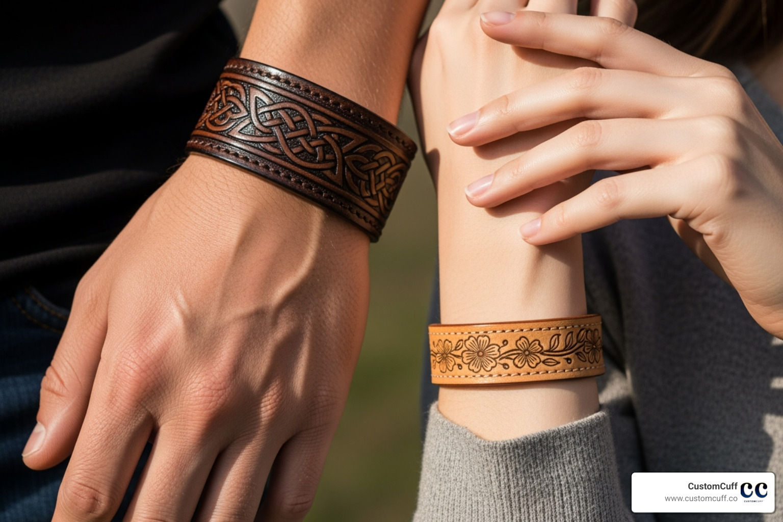 A man and a woman wearing different styles of engraved leather bracelets - engraved leather bracelet A man and a woman wearing different styles of engraved leather bracelets - engraved leather bracelet