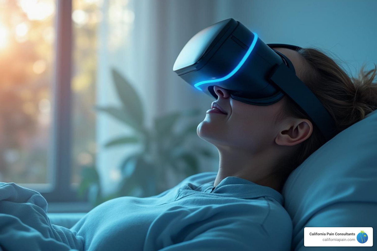 A patient wearing a virtual reality (VR) headset, immersed in a calming virtual environment designed for pain therapy. - innovative chronic pain treatment