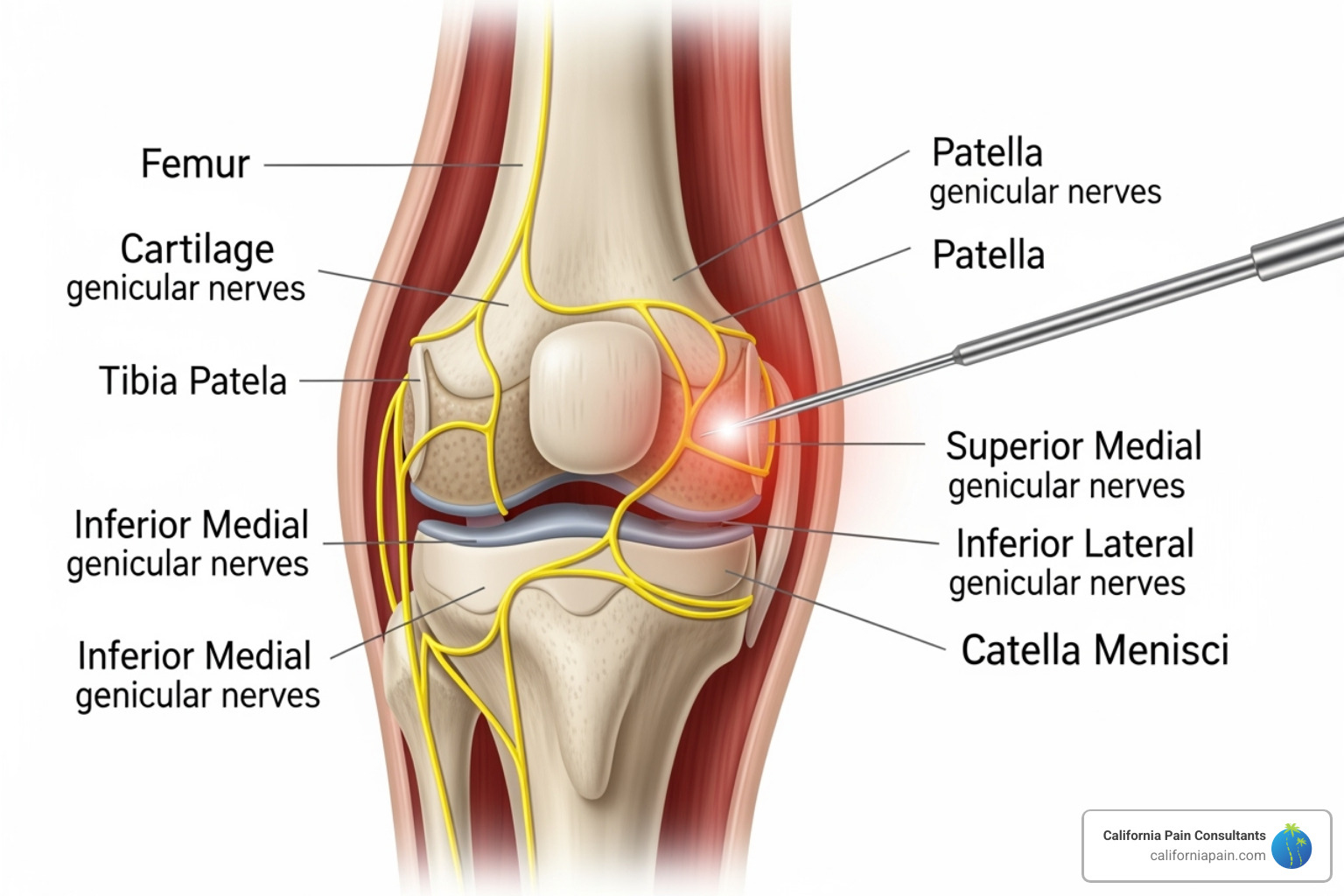 a diagram illustrating radiofrequency ablation on knee nerves - treatment for chronic knee pain
