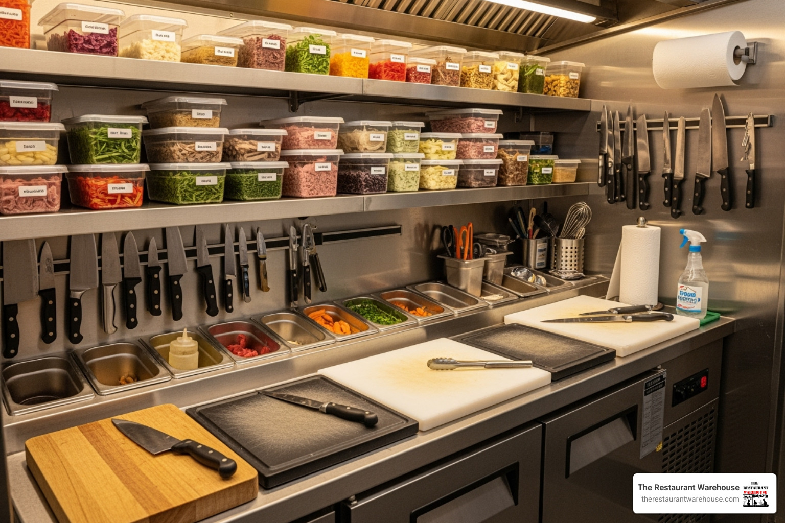 stainless steel prep station with organized containers and cutting boards - food truck restaurant equipment