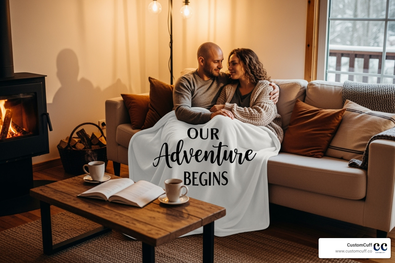 Cozy living room with a couple sharing a personalized blanket, highlighting home life, comfort, cooking together, relaxation, and date night essentials. - special gifts for couples