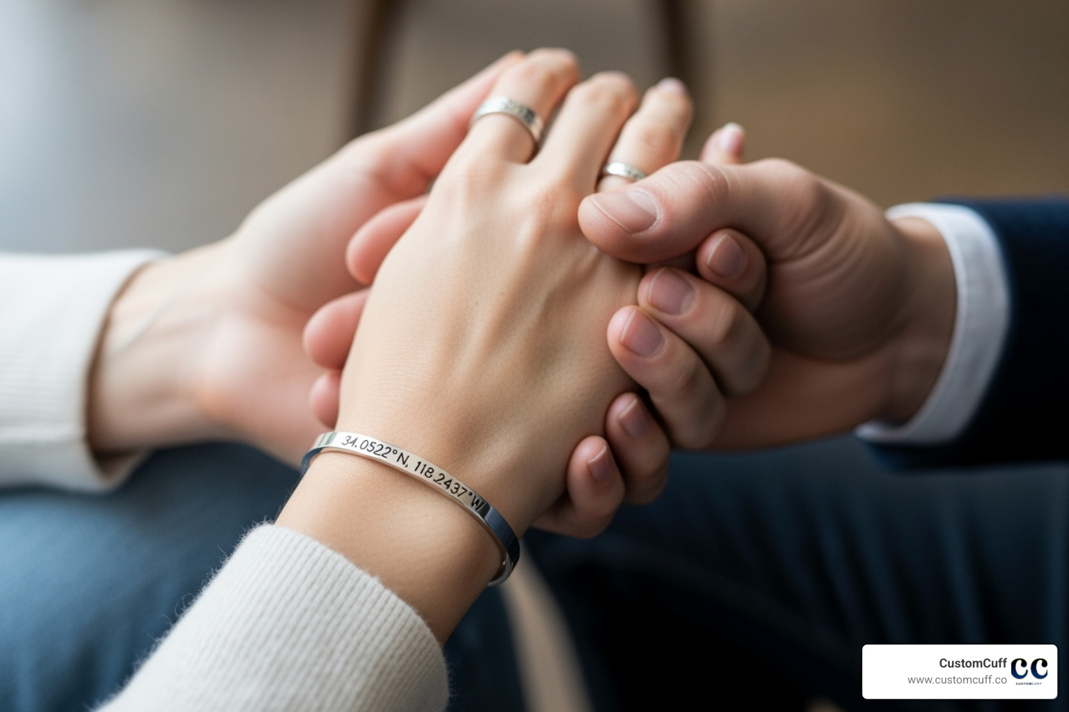 Close-up of a couple's hands, one wearing a custom coordinates bracelet, symbolizing personalization, sentimentality, unique keepsakes, and custom jewelry. - special gifts for couples