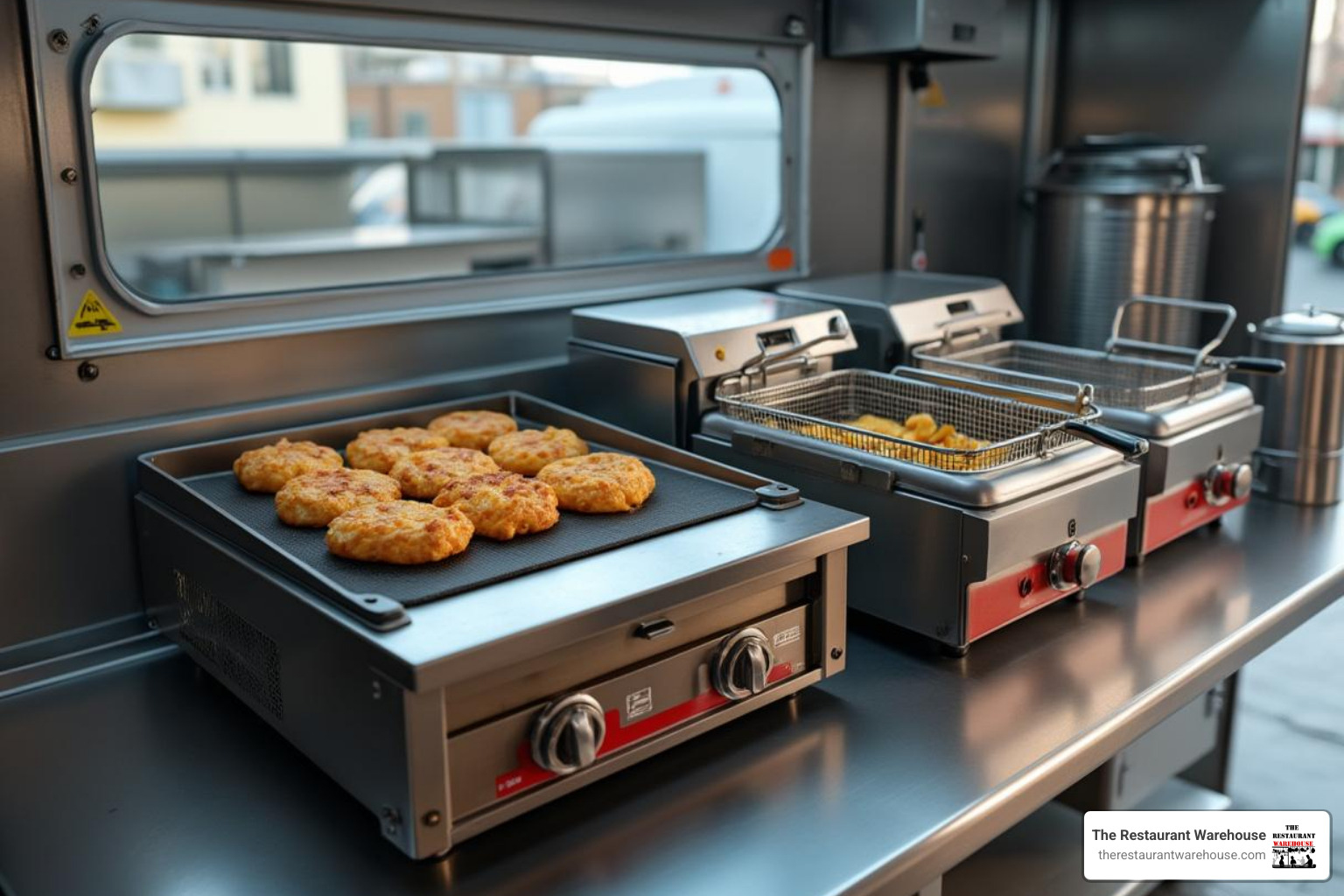 compact countertop griddle and a two-basket fryer side-by-side in a food truck - food truck restaurant equipment