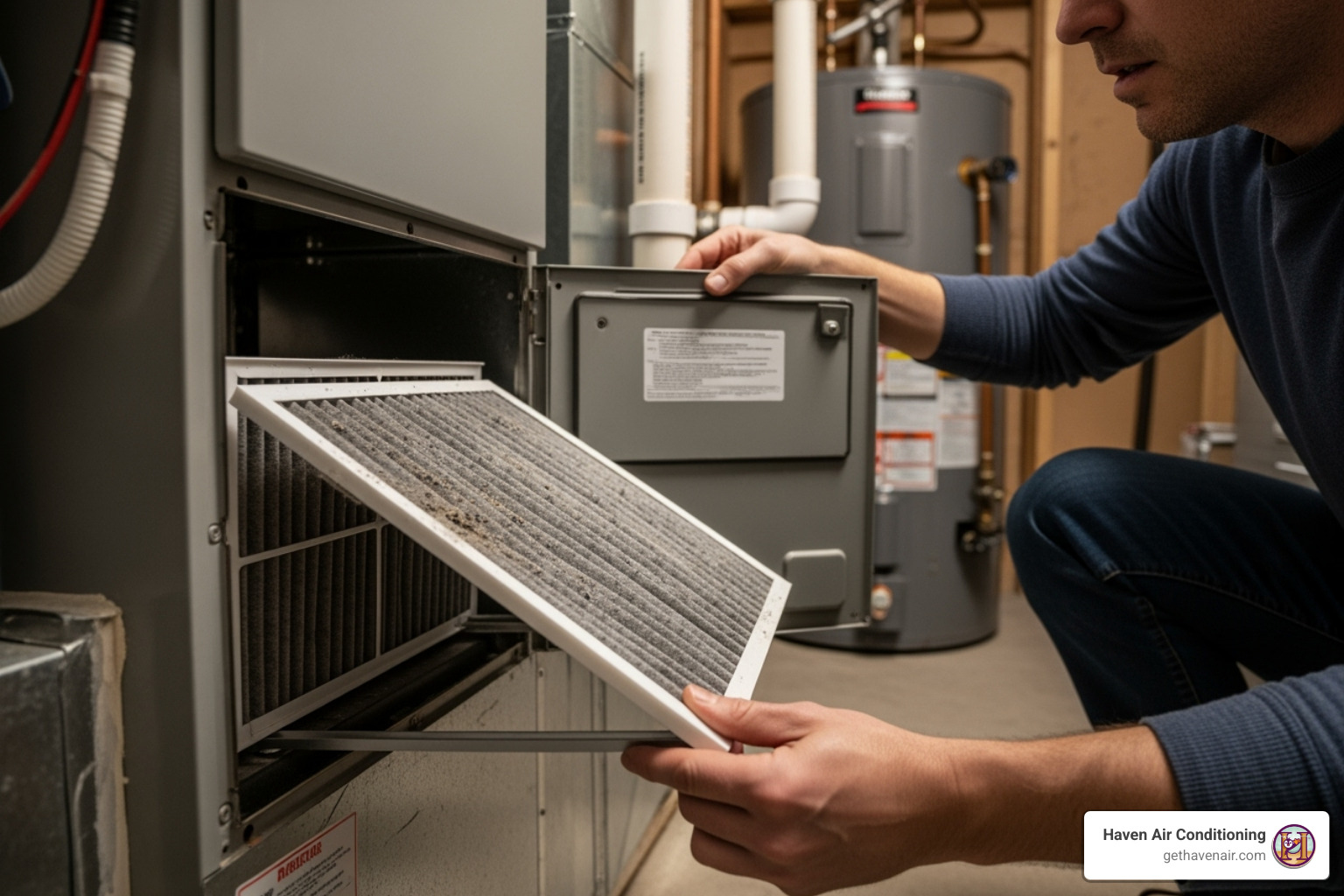 Image of a homeowner changing a dirty air filter - AC not cooling, extreme heat, HVAC inspection