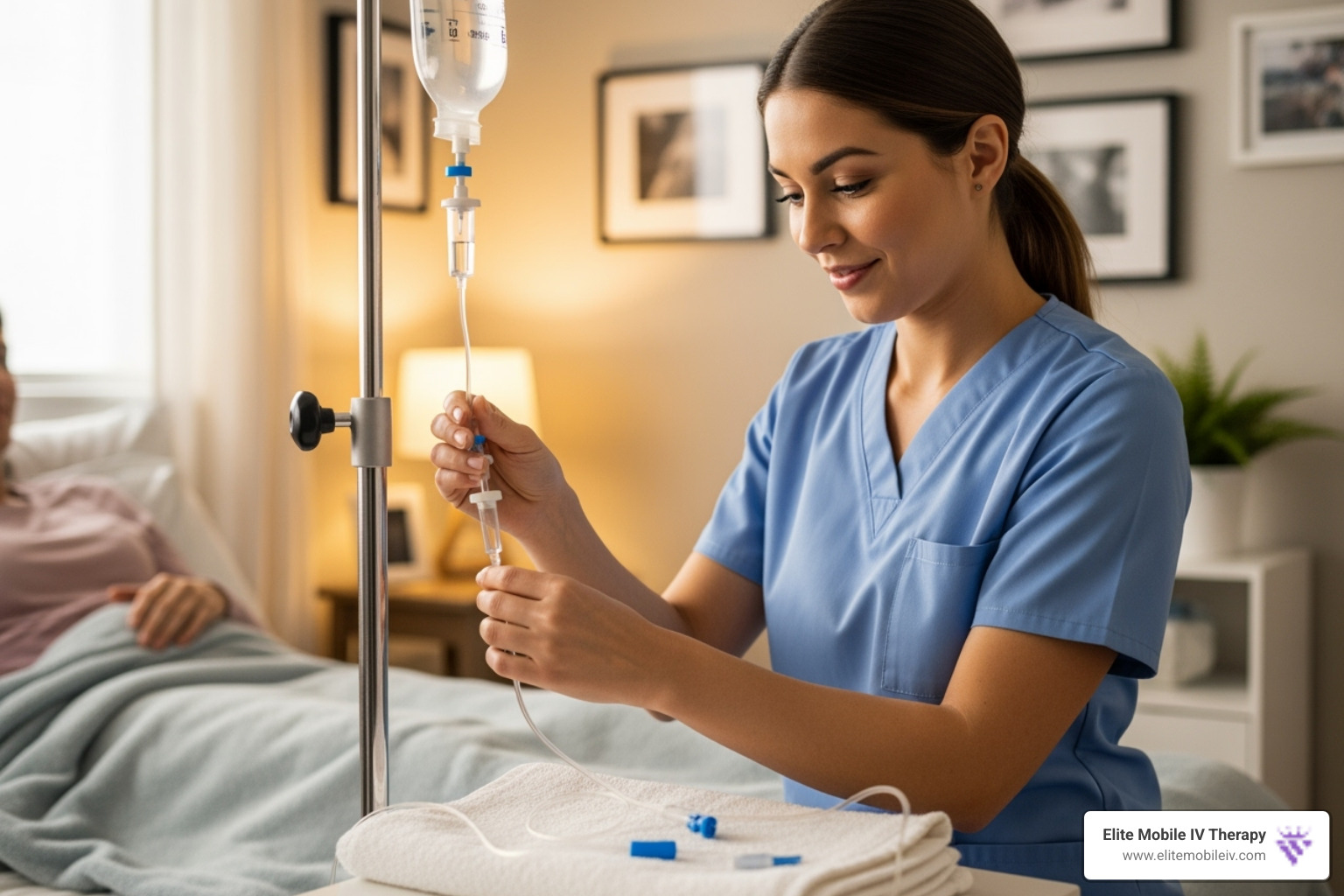 Friendly nurse preparing an IV drip in a comfortable home setting - Mobile IV therapy Asheville