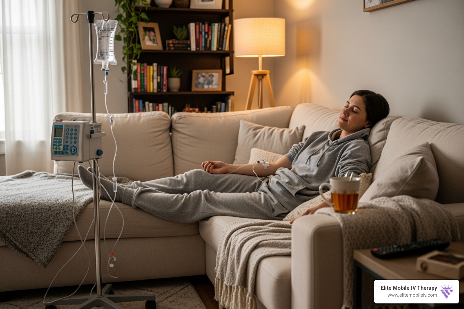 Client relaxing comfortably on a couch during an IV session - Mobile IV therapy Asheville