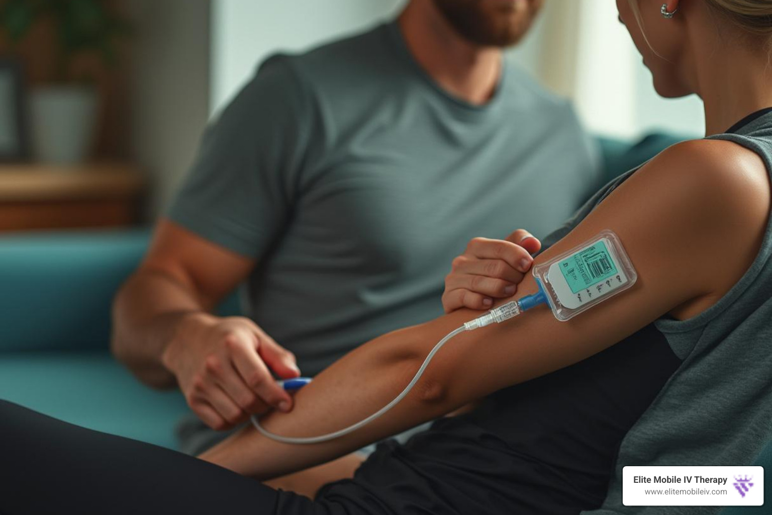 Person recovering from a workout with an IV drip - Mobile IV therapy Asheville