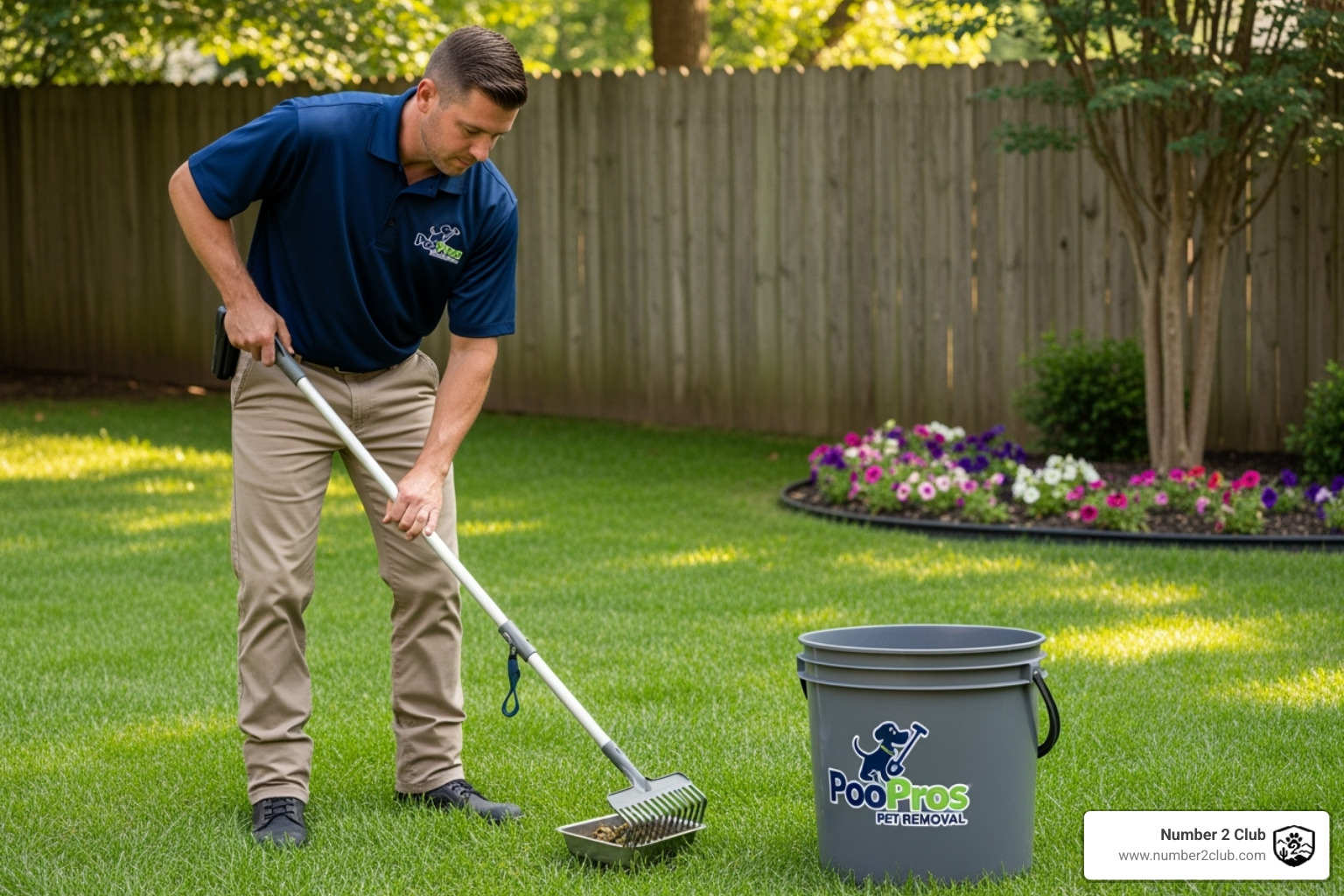 Uniformed technician from a pet waste removal service cleaning a yard - dog poop picker upper