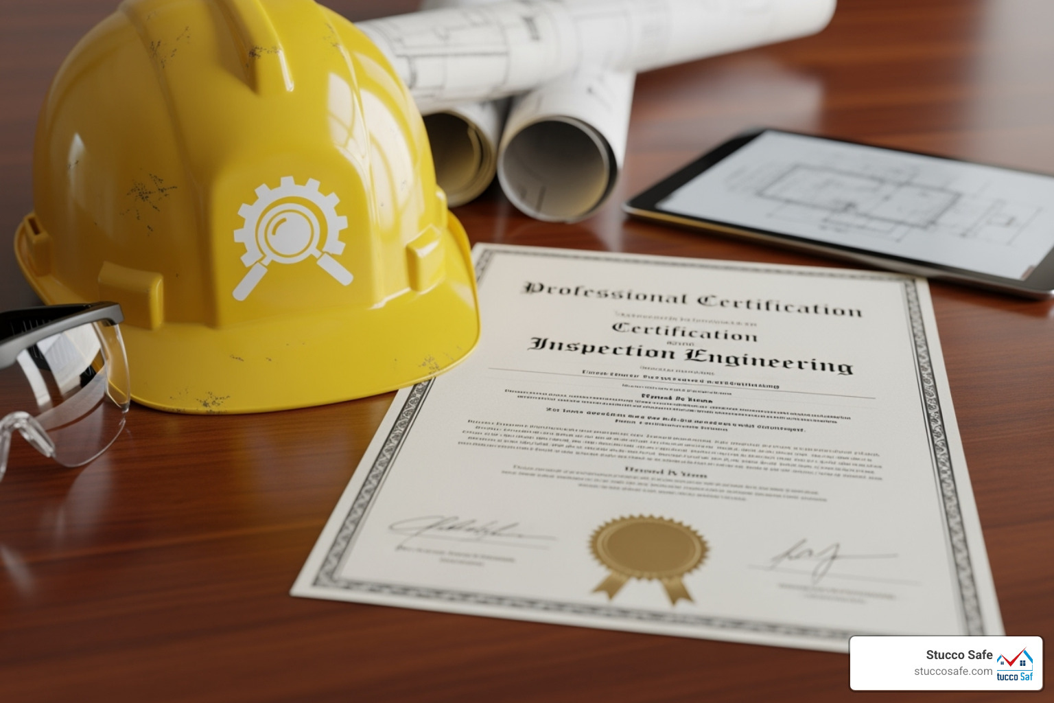 A professional certification document next to a hard hat - inspection engineering