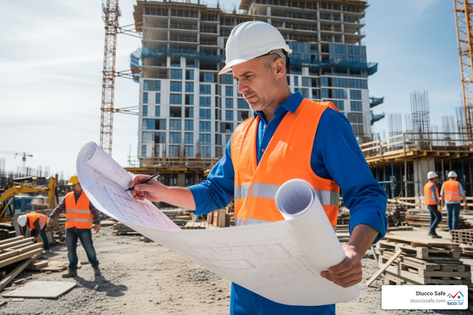 An engineer reviewing blueprints on-site - inspection engineering
