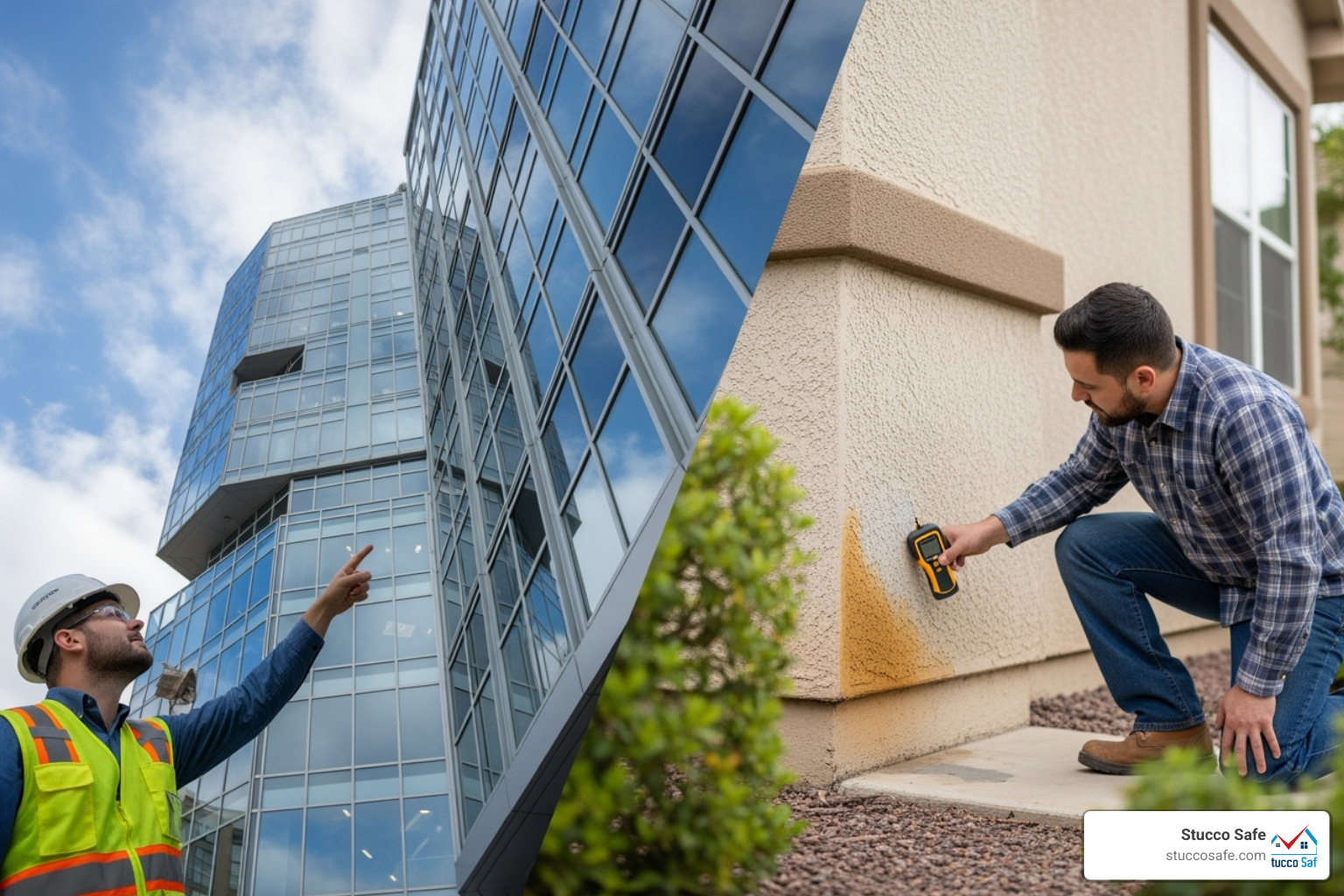 A split-screen showing a commercial building envelope inspection and a residential stucco inspection - inspection engineering