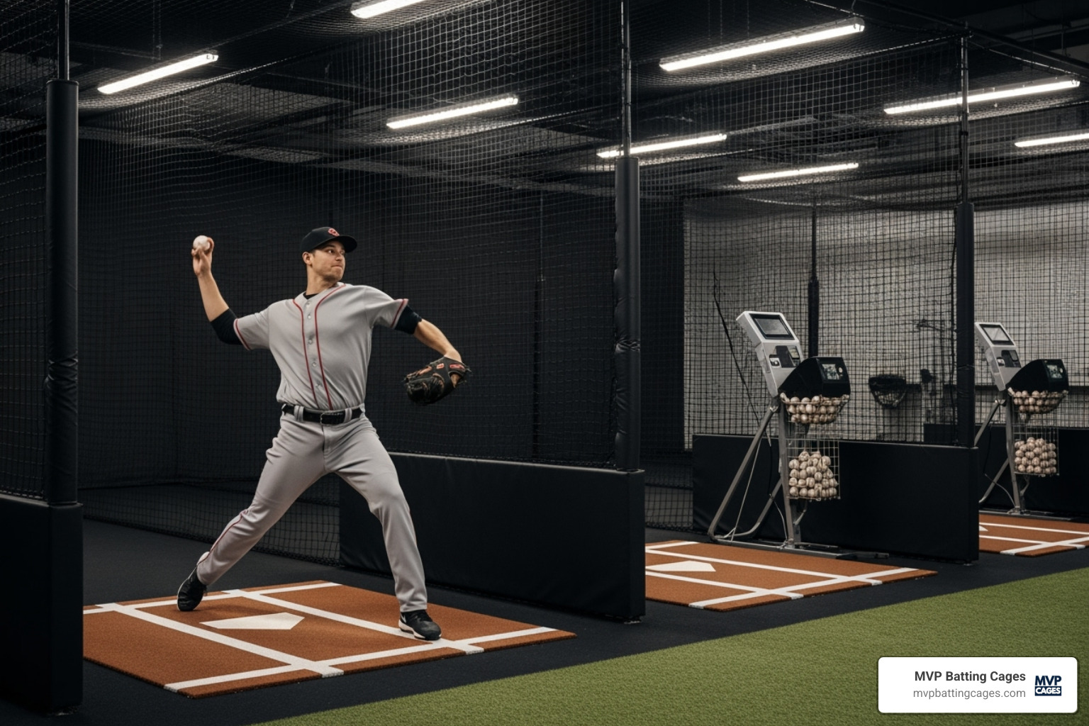 interior of MVP Batting Cages with a pitcher in a lane - pitching camps