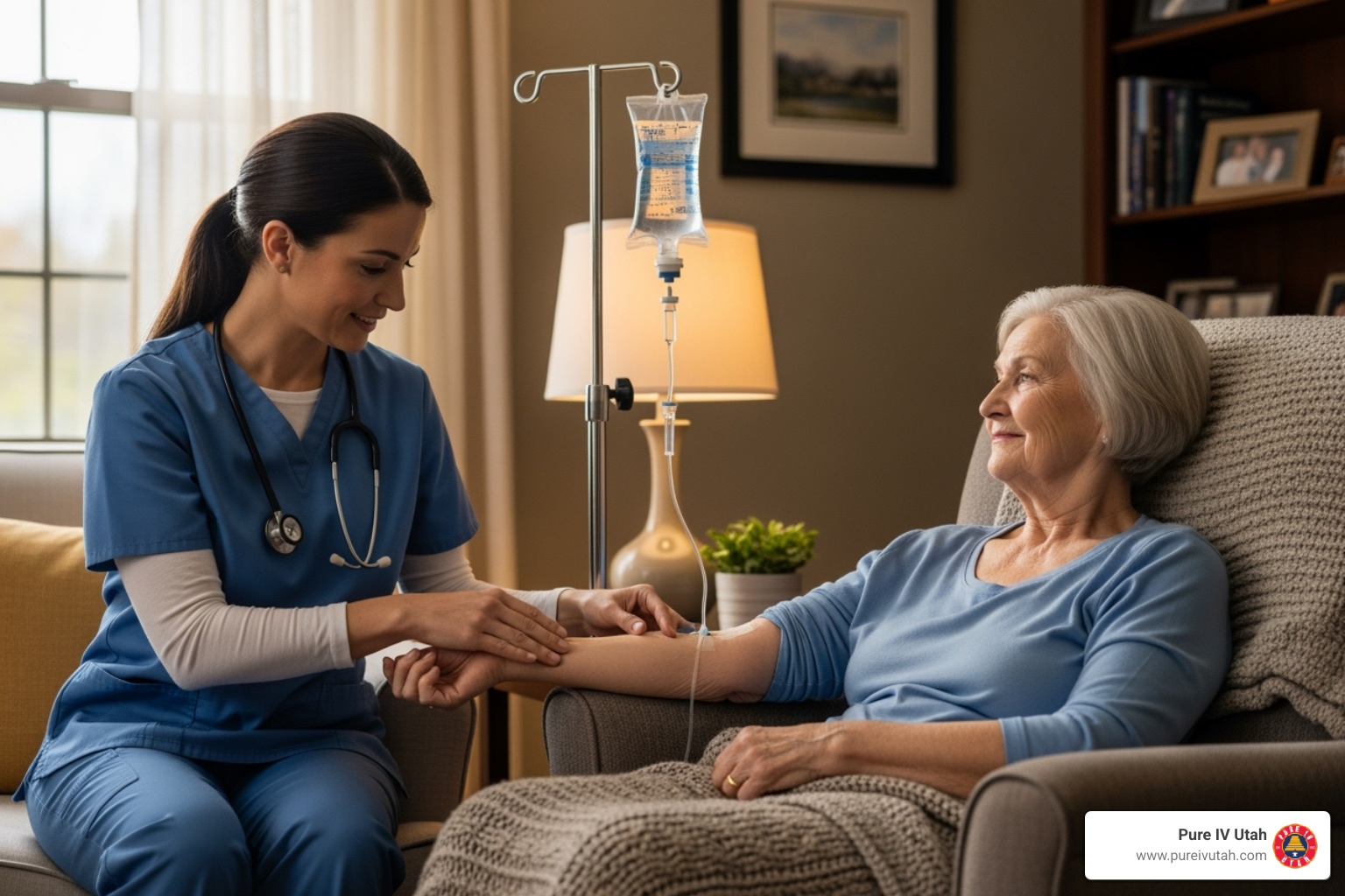 Pure IV Utah nurse carefully checking a patient's IV site and drip rate - intravenous hydration at home
