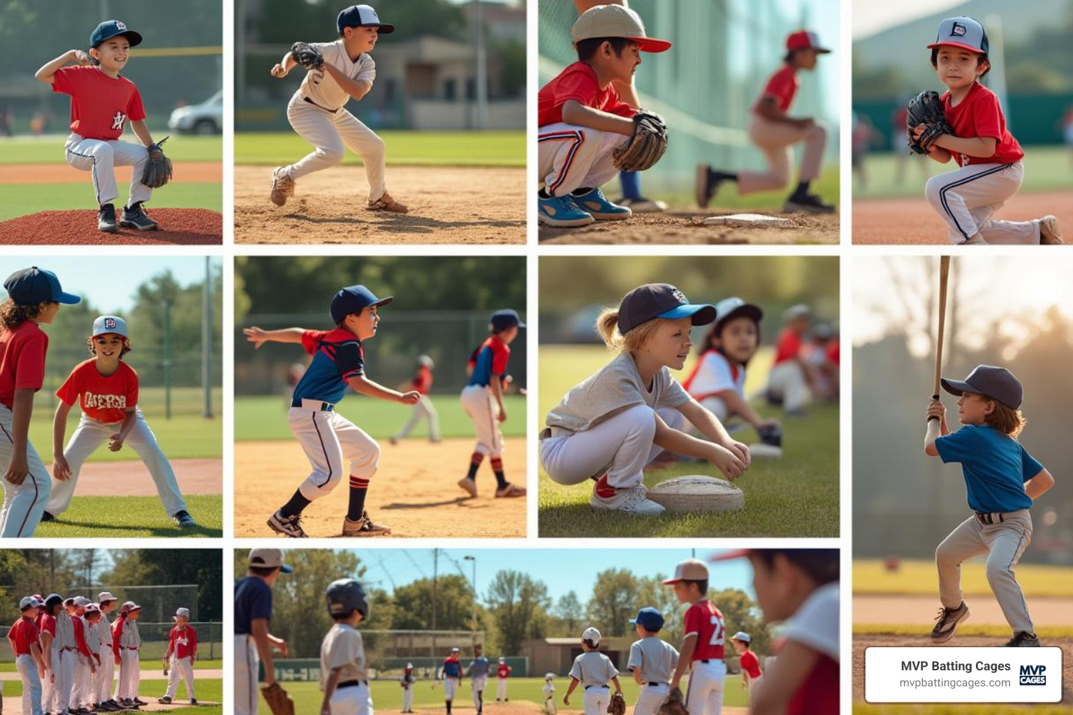 collage showing different baseball camp activities - summer baseball training programs