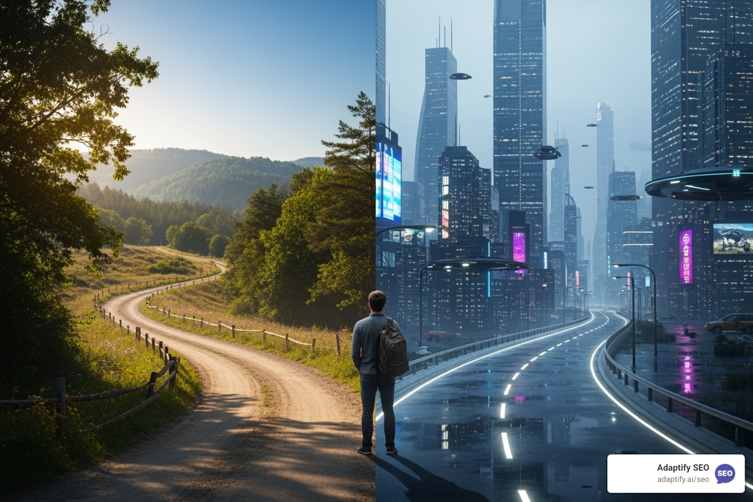 Person at a crossroads with one path labeled "Traditional" and the other "AI-Powered" - AI SEO for agencies