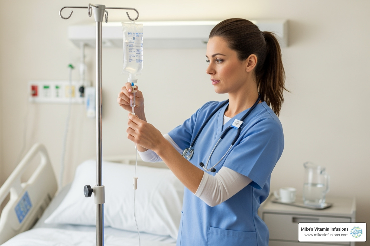 licensed nurse preparing an IV drip - IV therapy for dehydration