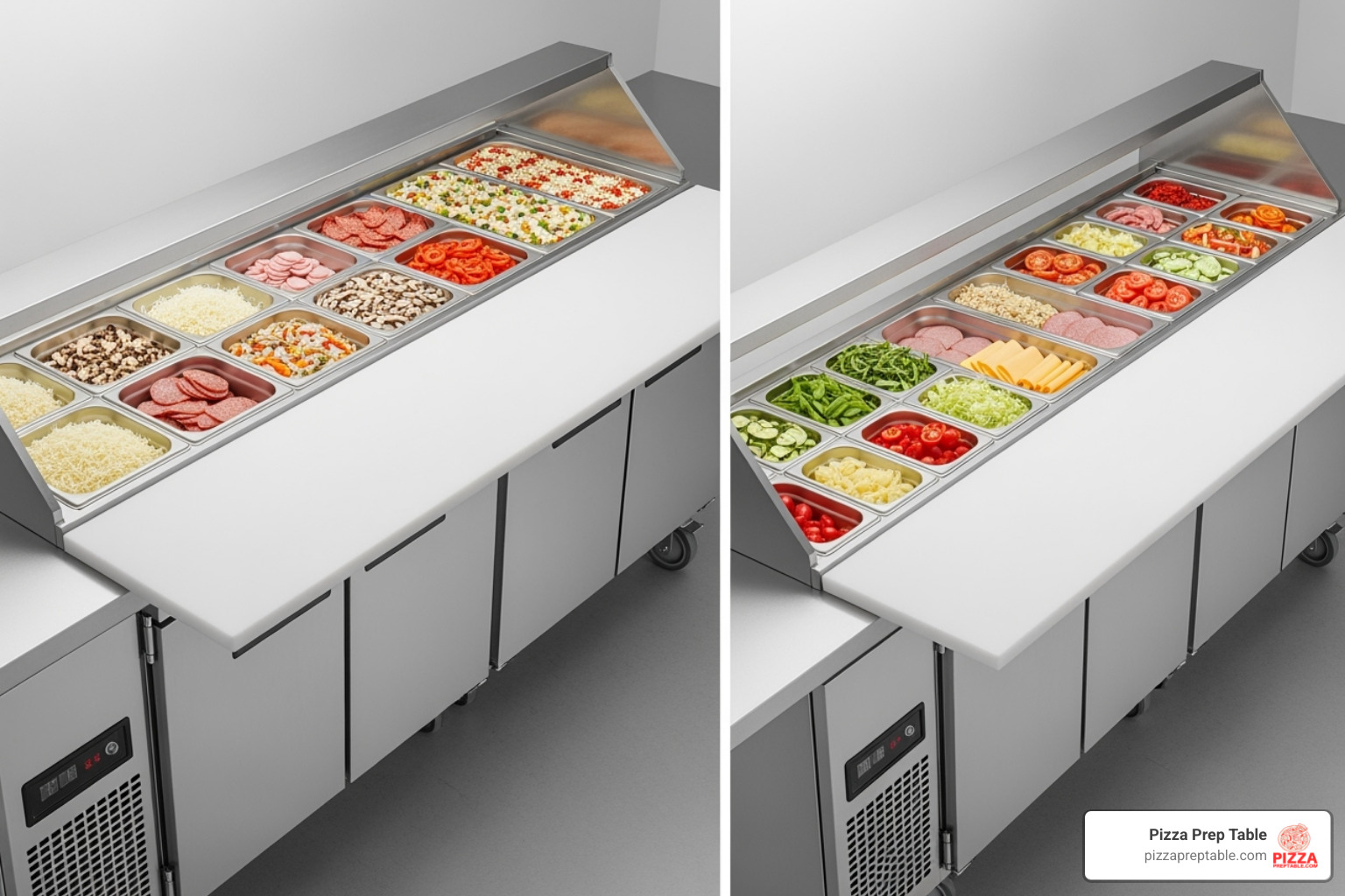 side-by-side comparison of a deep pizza prep table and a shallow sandwich prep table - pizza prep table cutting board