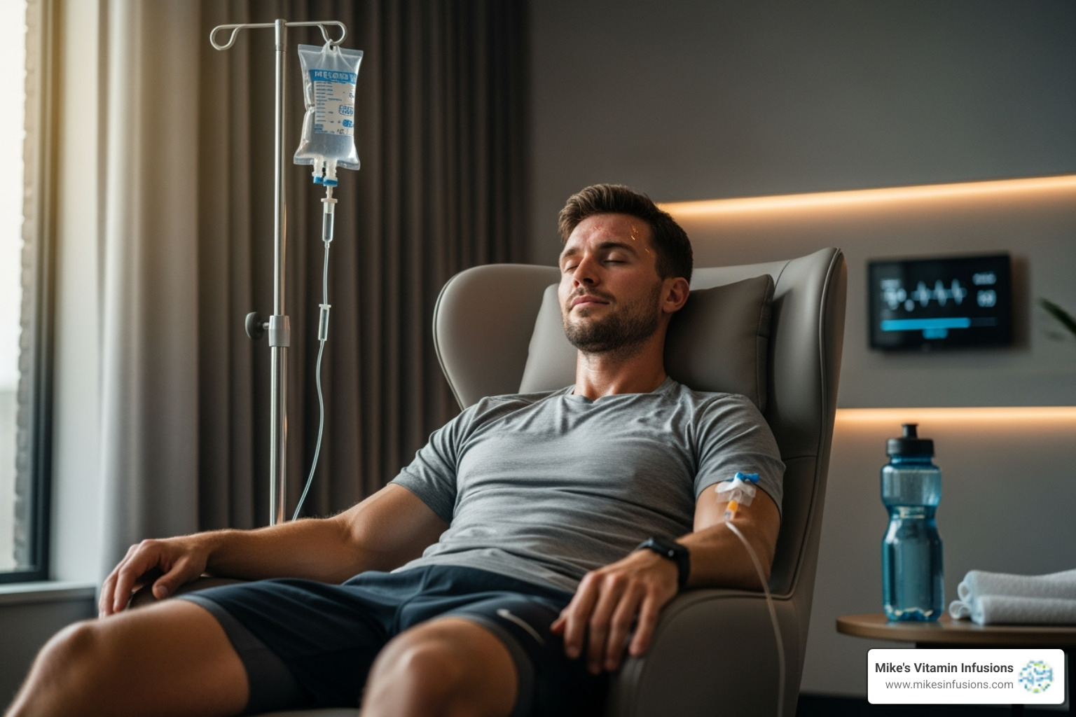 athlete recovering with an IV drip - IV therapy for dehydration