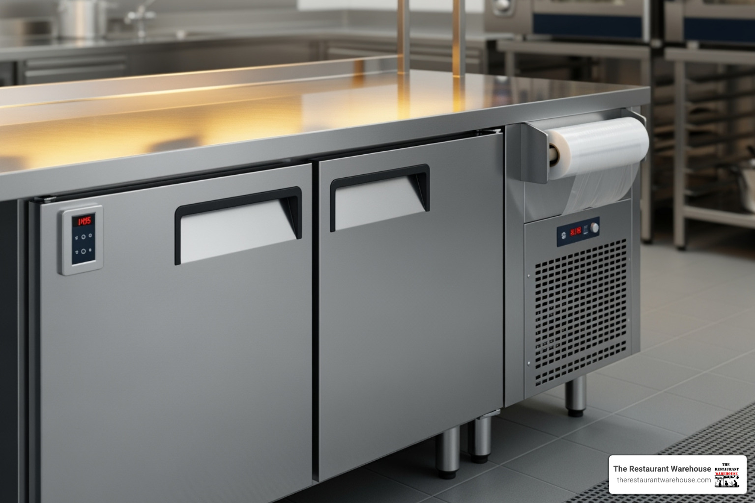 undercounter fridge neatly tucked under a stainless steel work table - small commercial kitchen equipment