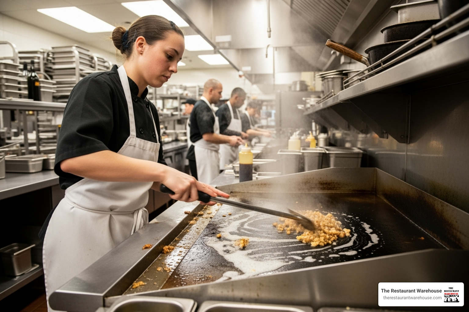 someone cleaning a stainless steel countertop griddle - small commercial kitchen equipment