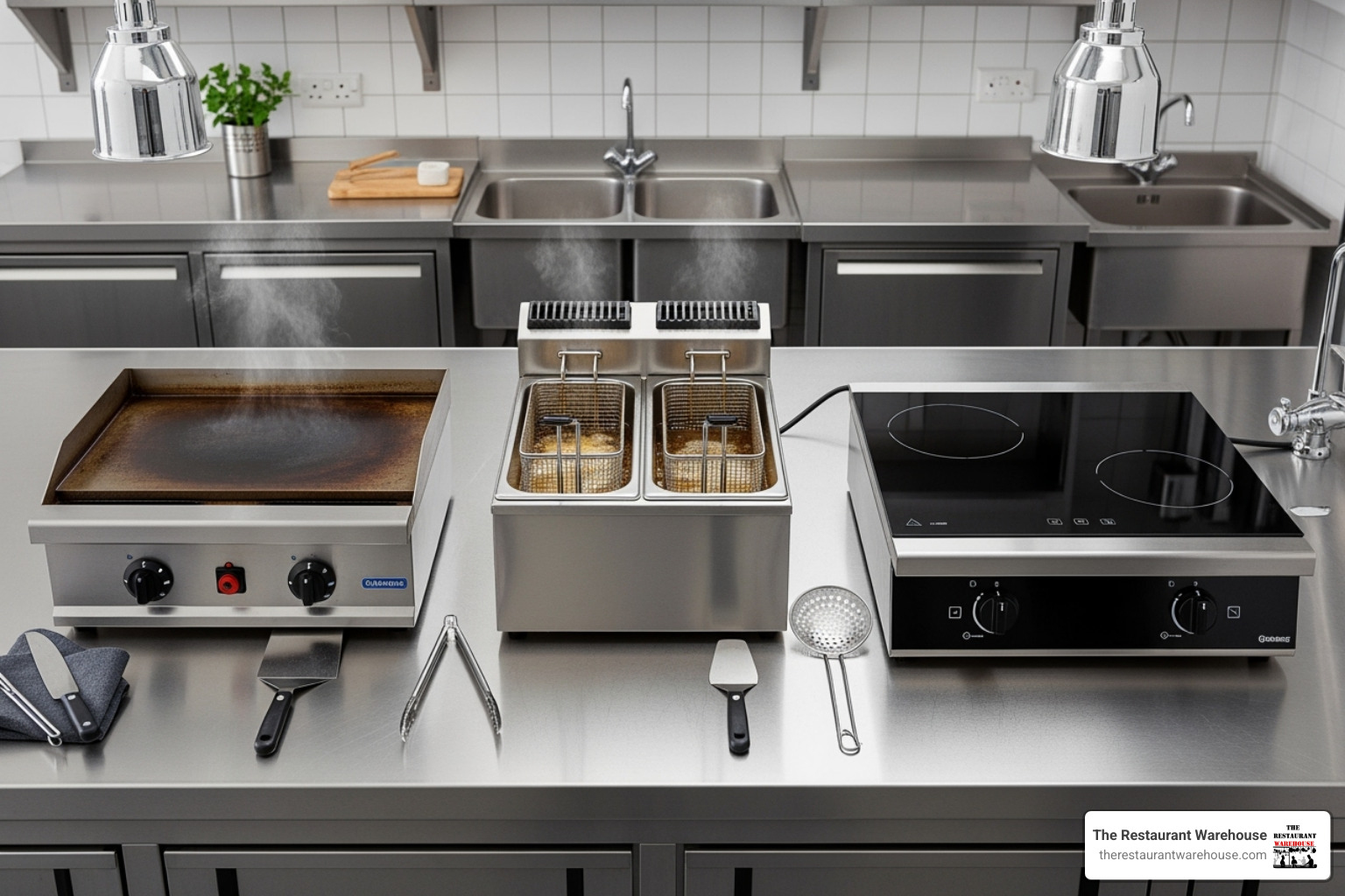 lineup of countertop cooking equipment like a griddle, fryer, and induction cooktop - small commercial kitchen equipment
