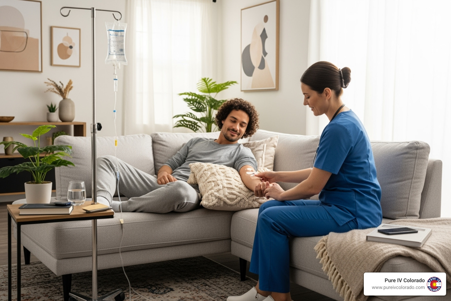 Person relaxing on a couch in a modern Boulder home while a nurse administers an IV drip - Home IV therapy Boulder