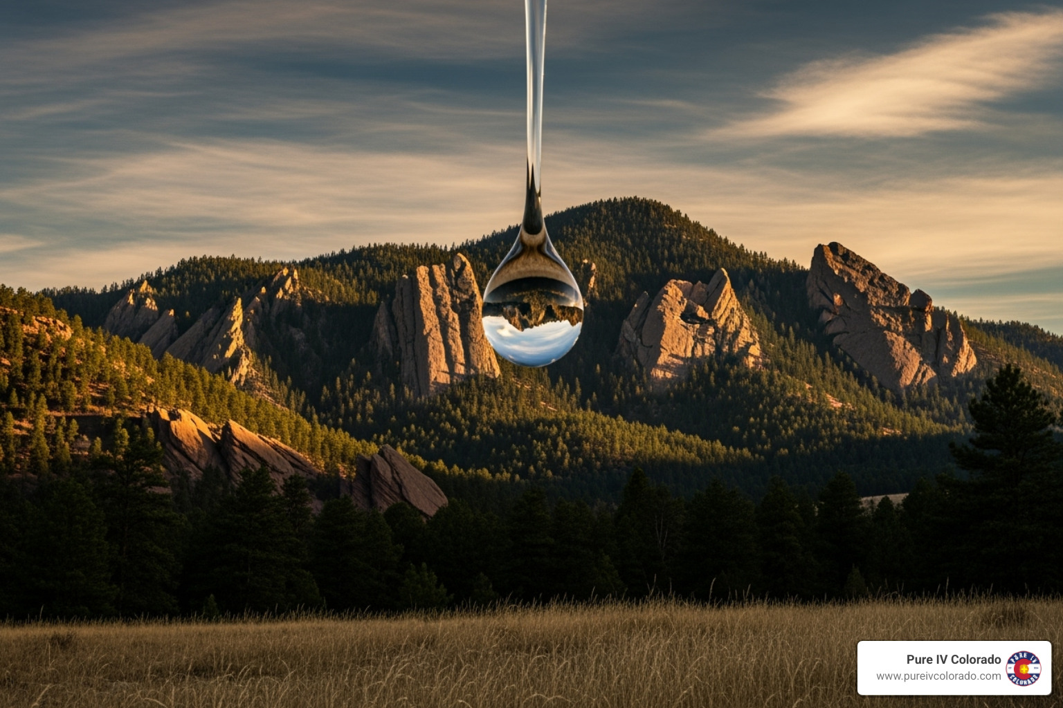 The Boulder Flatirons with a graphic overlay of a water droplet - Home IV therapy Boulder