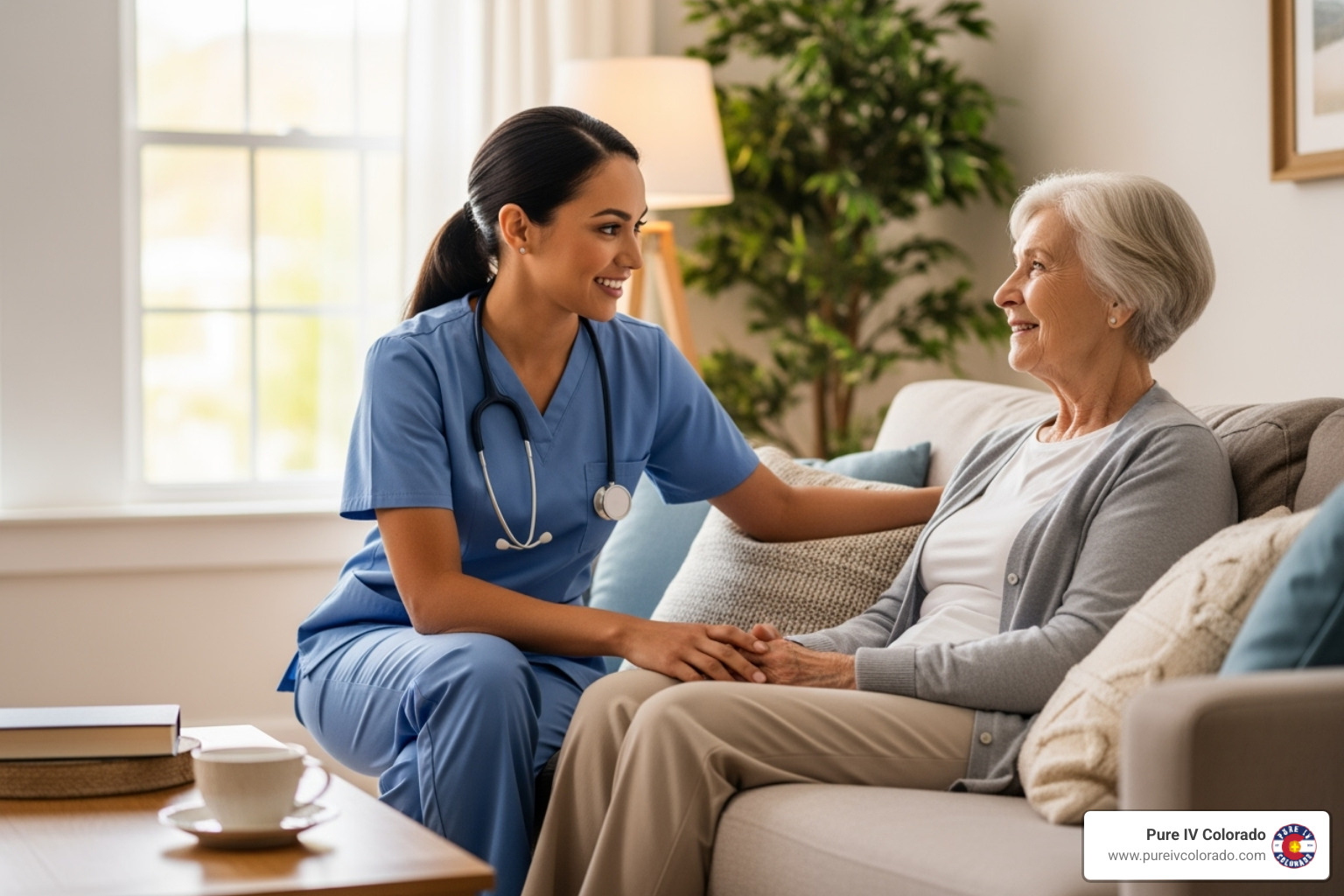 Friendly, professional nurse talking with a client at home - Home IV therapy Boulder