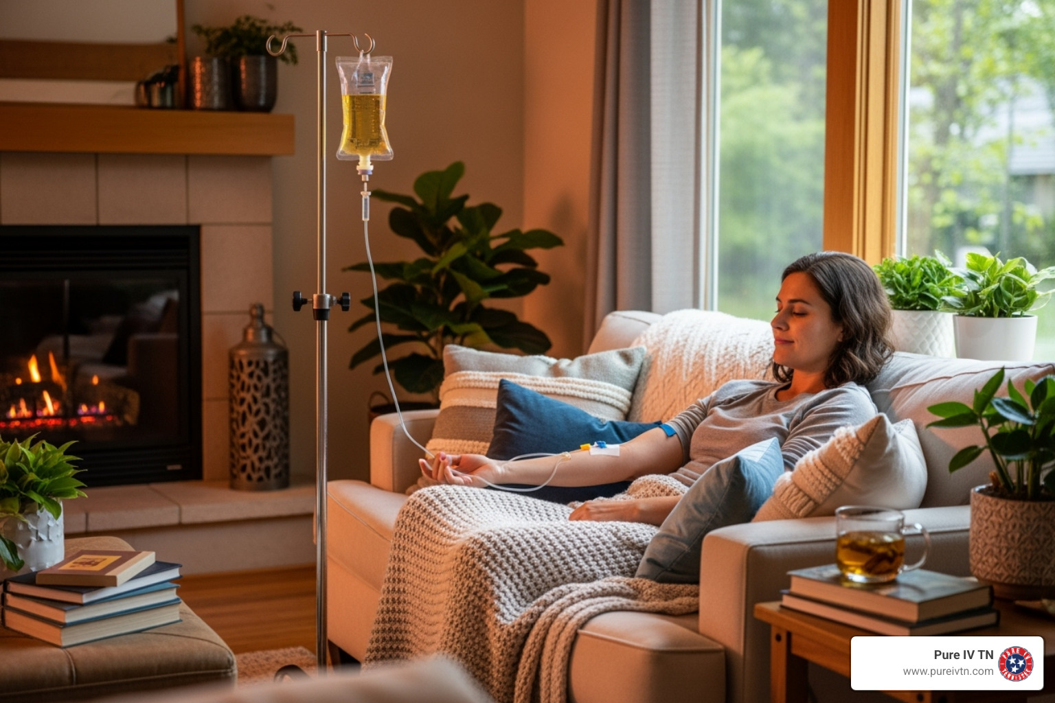 comfortable IV therapy setup in a home setting - beauty iv bag