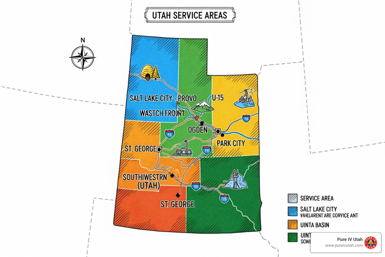 map of Utah highlighting major service areas - IV vitamin C Utah